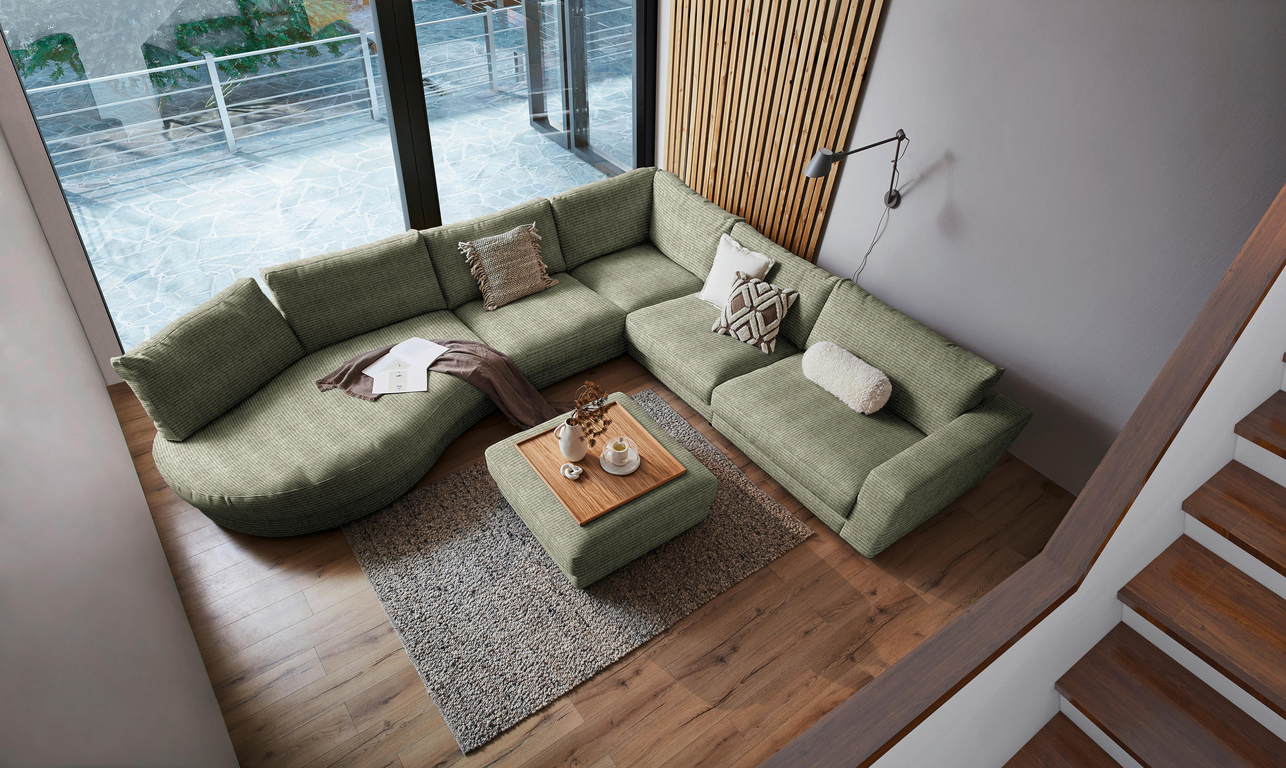 ECKSOFA in Chenille, Cord Grün  - Schwarz/Grün, Design, Kunststoff/Textil (425/365cm) - Lomoco