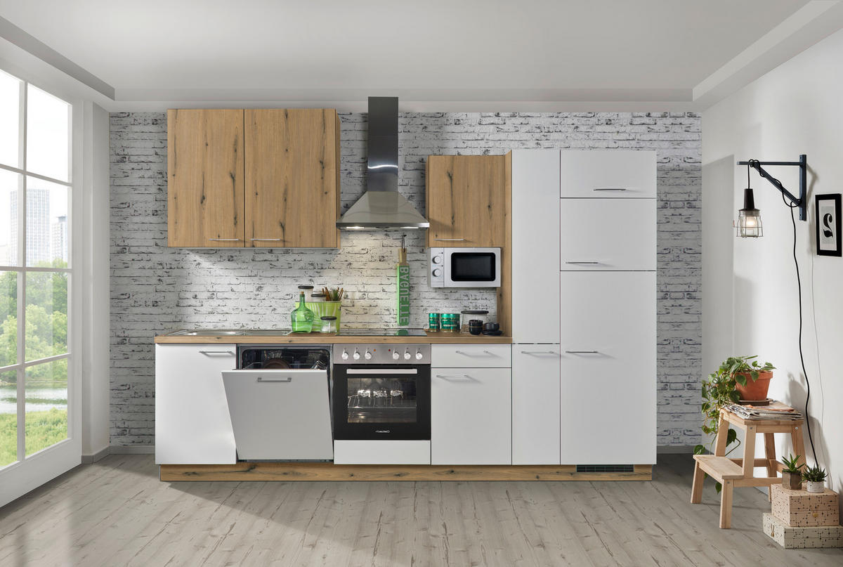 KÜCHENBLOCK 310 cm   in Weiß, Eichefarben  - Edelstahlfarben/Eichefarben, Design, Holzwerkstoff/Metall (310cm) - Welnova