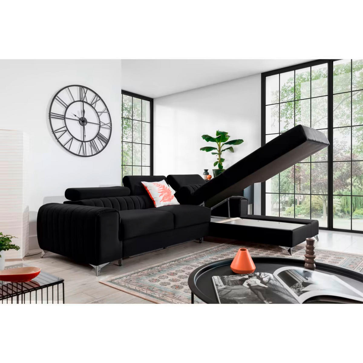 ECKSOFA  Schwarz Samt  - Silberfarben/Schwarz, Design, Textil/Metall (278/205cm) - MID.YOU