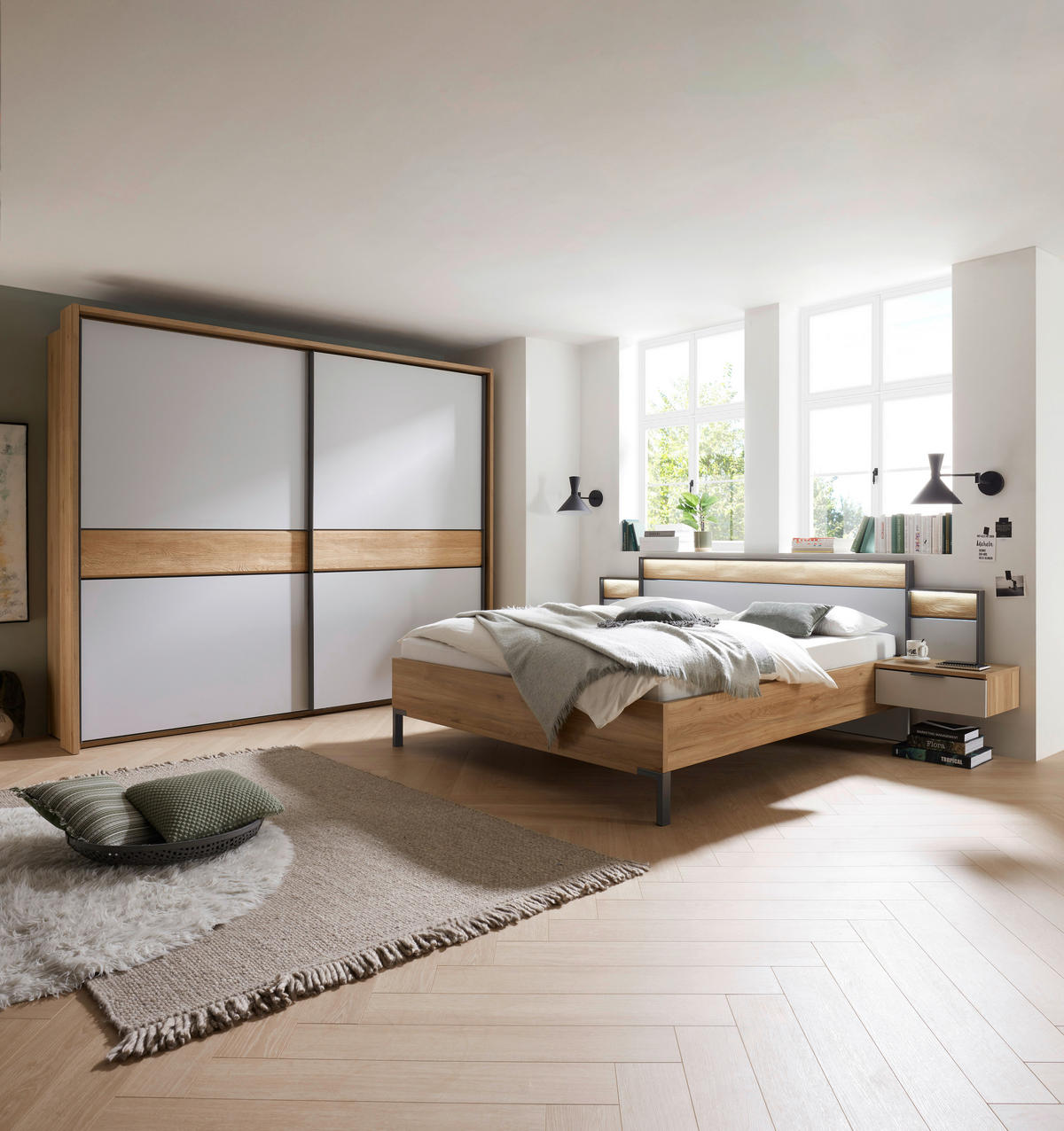 SCHWEBETÜRENSCHRANK  in Eichefarben, Hellgrau  - Eichefarben/Hellgrau, Design, Holz/Holzwerkstoff (240/225,5/60cm) - Xora