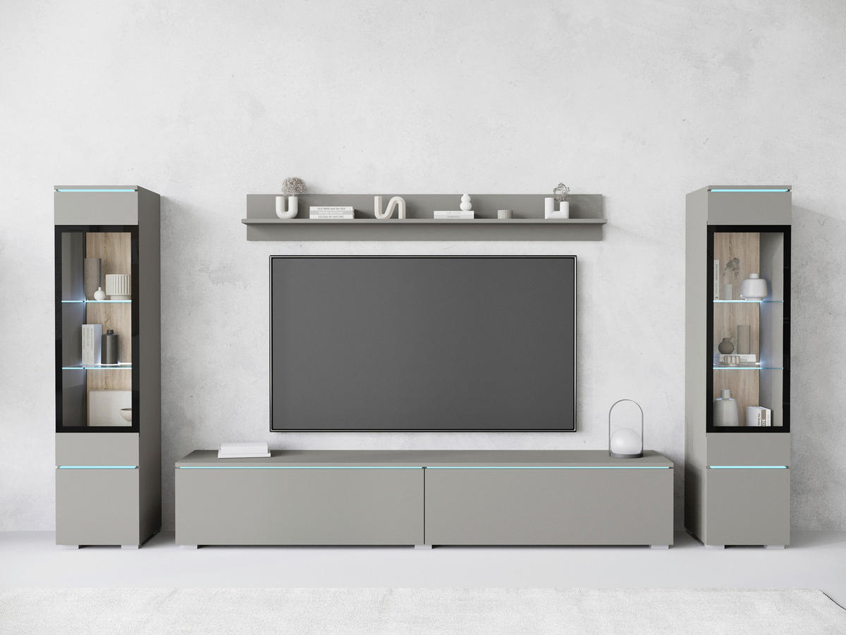 WOHNWAND Vera 4-teilig  in Grau   - Grau, Trend, Glas/Holzwerkstoff (240/130/33cm)