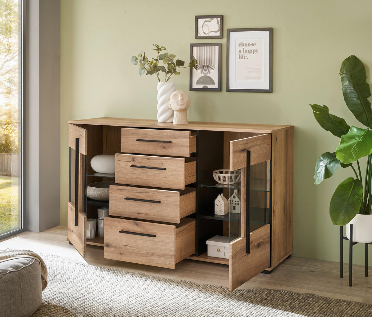 SIDEBOARD  150/86/42 cm 4 Schublade(n)  - Eichefarben/Schwarz, Design, Glas/Holzwerkstoff (150/86/42cm) - Livetastic