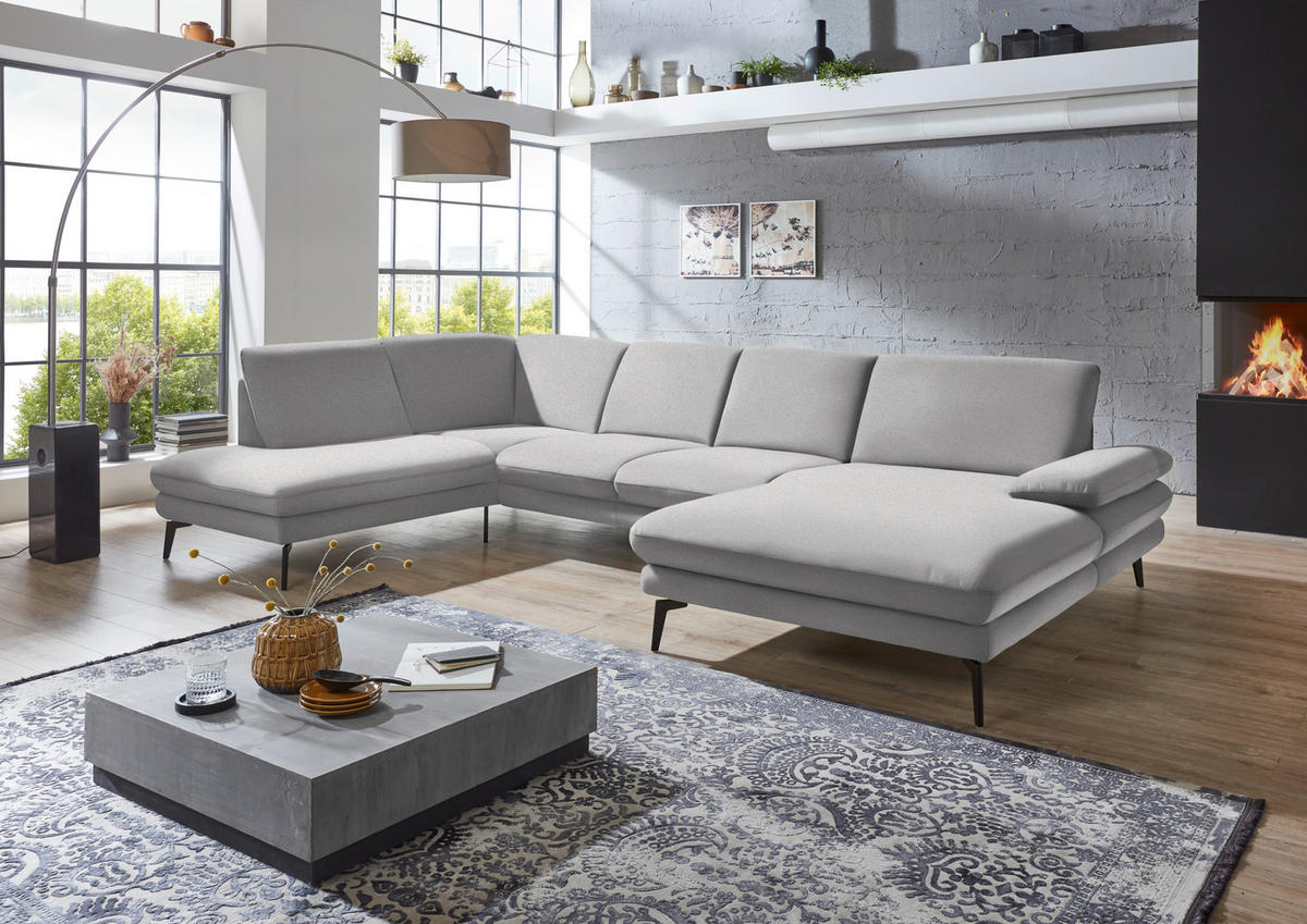 WOHNLANDSCHAFT in Webstoff Hellgrau  - Hellgrau/Schwarz, Design, Textil/Metall (208/344/180cm) - Dieter Knoll
