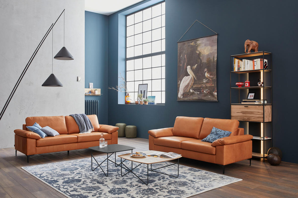 3-SITZER-SOFA in Leder Cognac  - Cognac/Schwarz, Design, Leder/Metall (224/86/97cm) - Schöner Wohnen