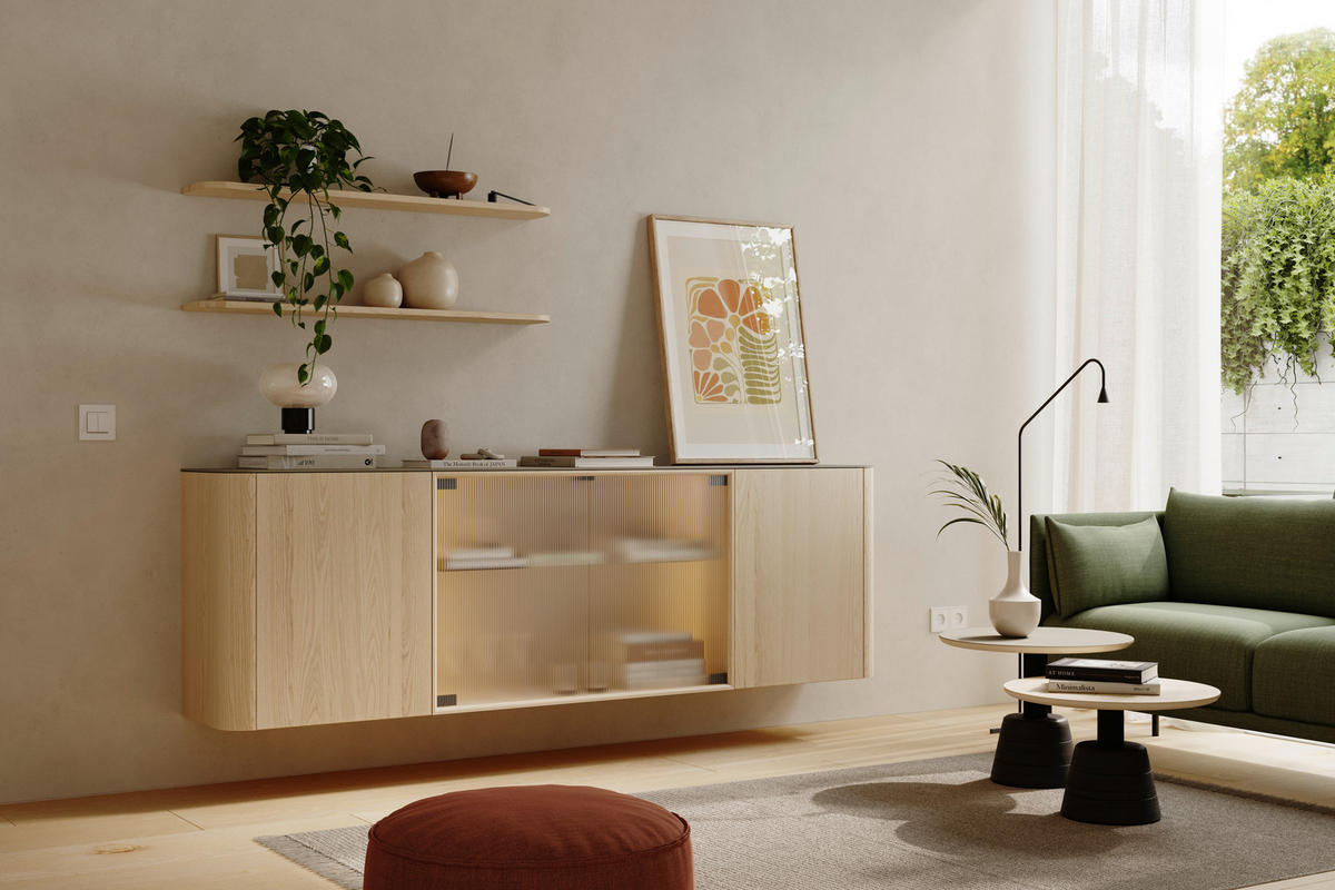 SIDEBOARD Eschefarben, Greige  216/68/37 cm  - Greige/Eschefarben, Natur, Glas/Holz (216/68/37cm) - Walden