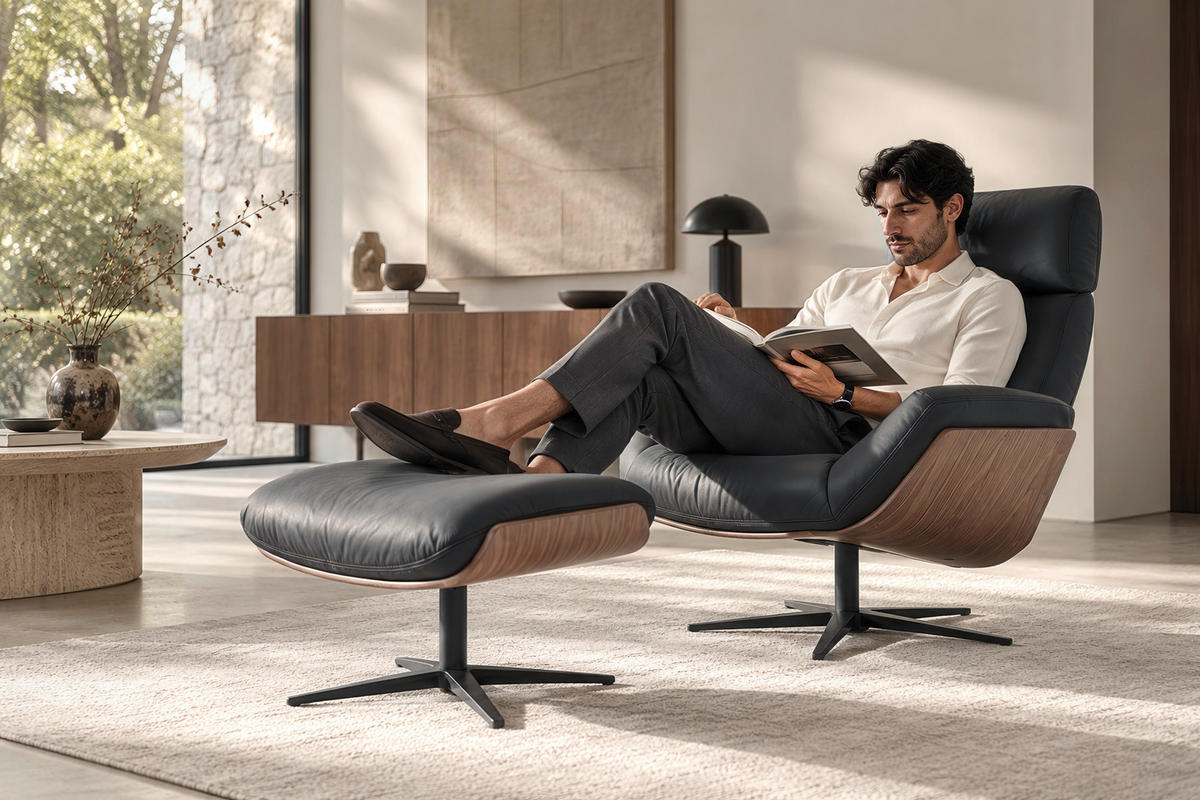 RELAXSESSELSET Echtleder Relaxfunktion, Hocker    - Walnussfarben/Schwarz, Design, Leder/Holz (86/84-124/95-113cm) - Dieter Knoll
