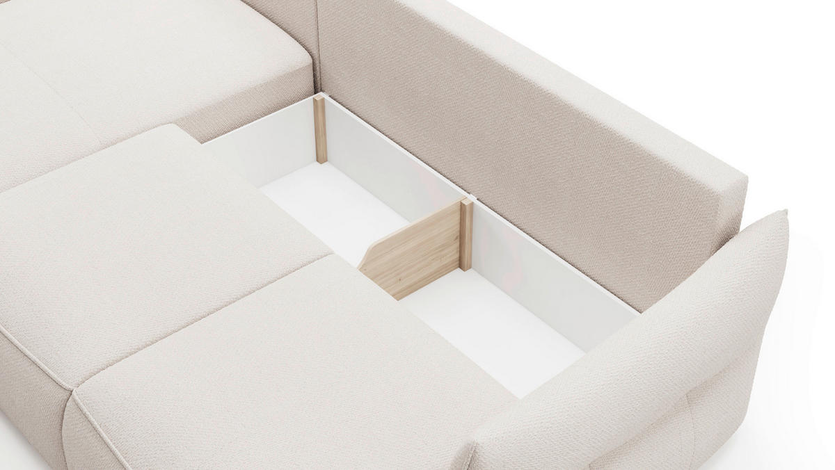 ECKSOFA Creme Webstoff Rückenkissen, Bettkasten, Schlaffunktion, Rücken echt, Liegefläche im Originalstoff  - Creme/Schwarz, KONVENTIONELL, Kunststoff/Textil (179/306cm) - Milino