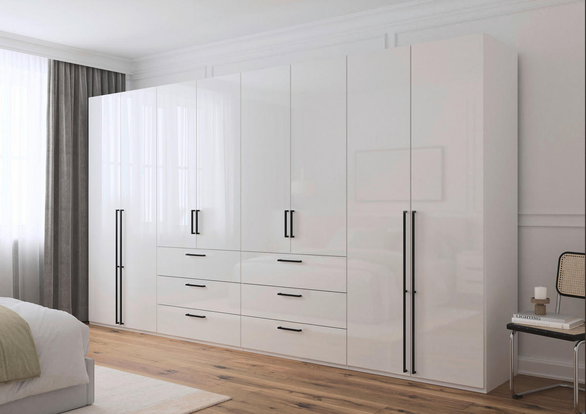 DREHTÜRENSCHRANK 400/223/61 cm,  in Weiß, Weiß Hochglanz, 8-türig  - Weiß Hochglanz/Schwarz, Basics, Holzwerkstoff/Metall (400/223/61cm) - Novel