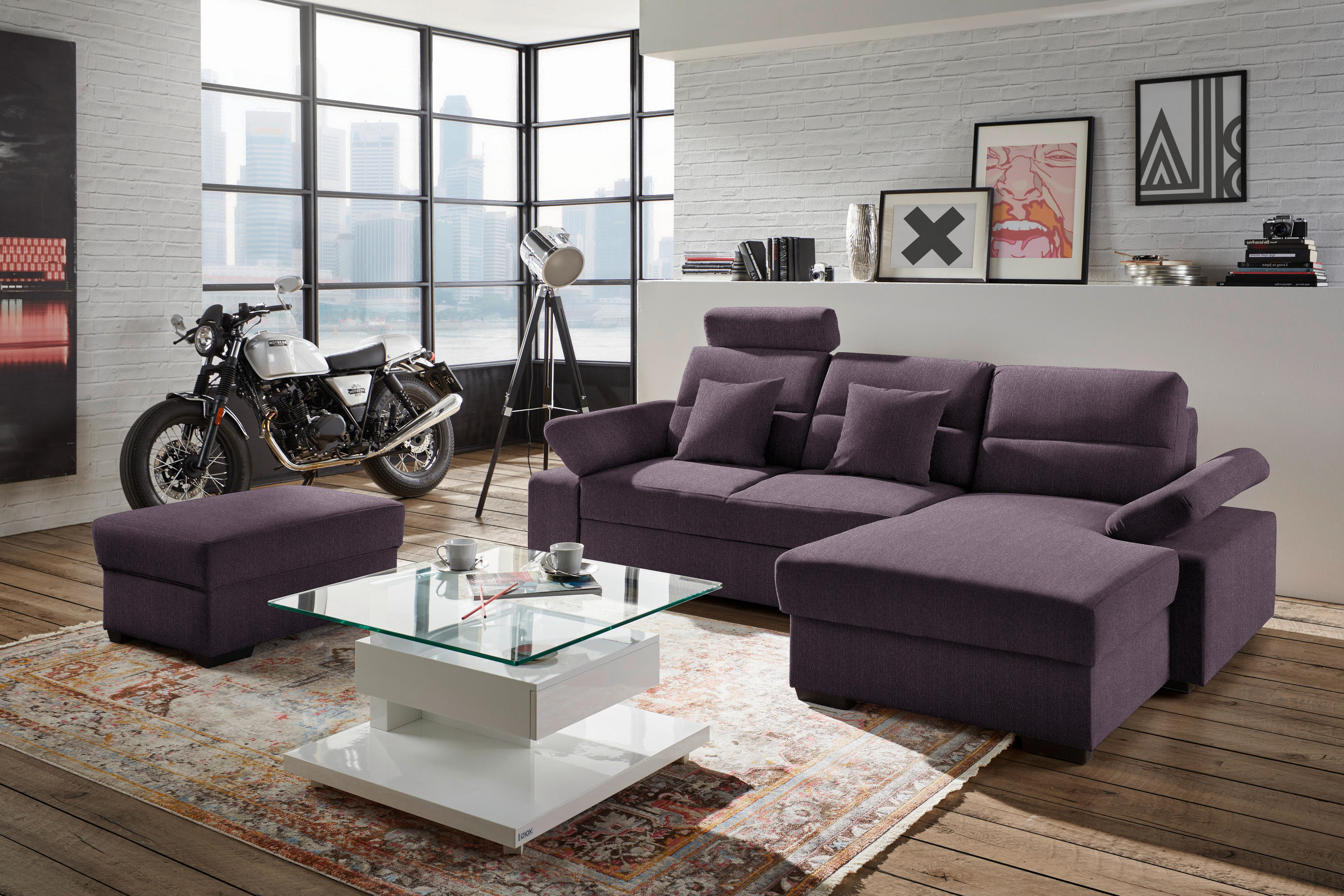 ECKSOFA in Webstoff Violett  - Dunkelbraun/Violett, Konventionell, Kunststoff/Textil (258/166cm) - Cantus