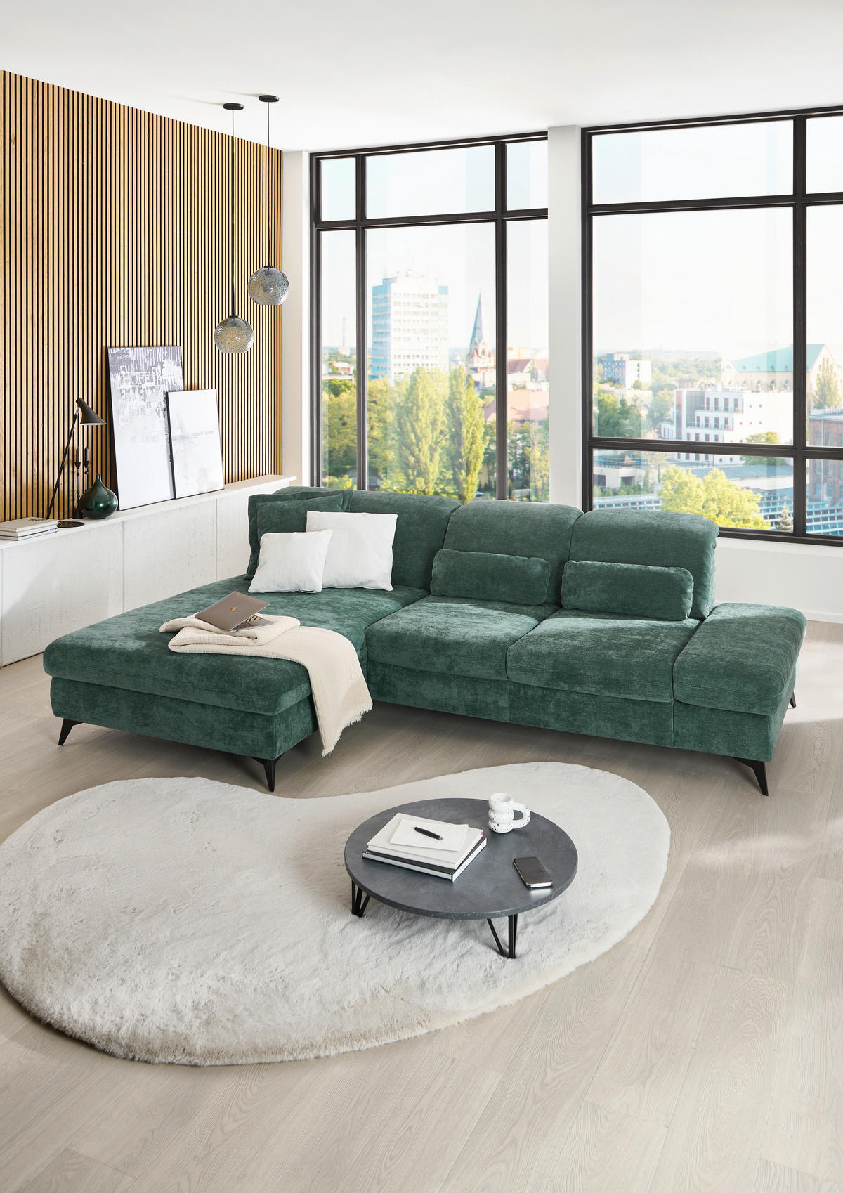 ECKSOFA Dunkelgrün Chenille  - Dunkelgrün/Schwarz, Design, Textil/Metall (198/288cm) - Beldomo Style