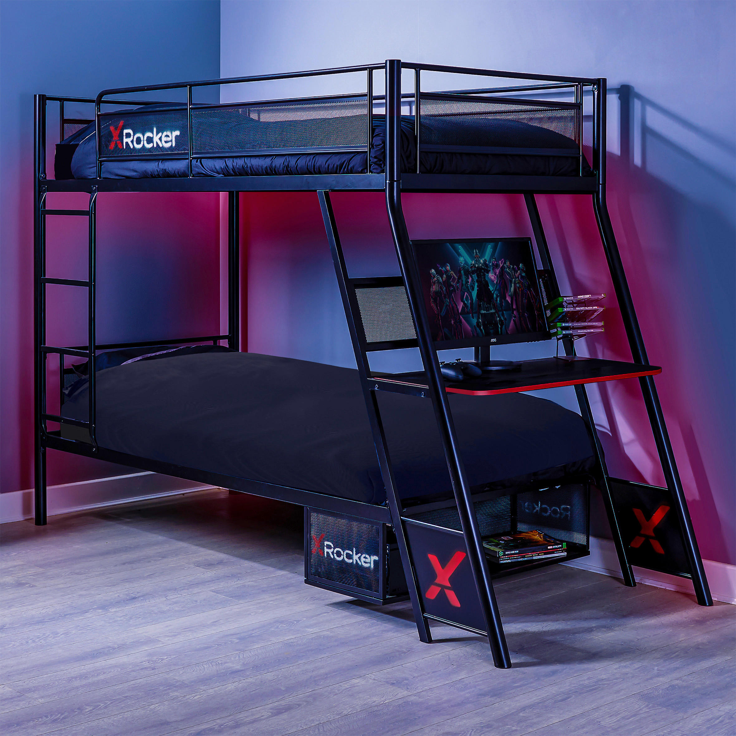 ETAGENBETT - Schwarz, MODERN, Holzwerkstoff/Metall (90/190cm) - X Rocker