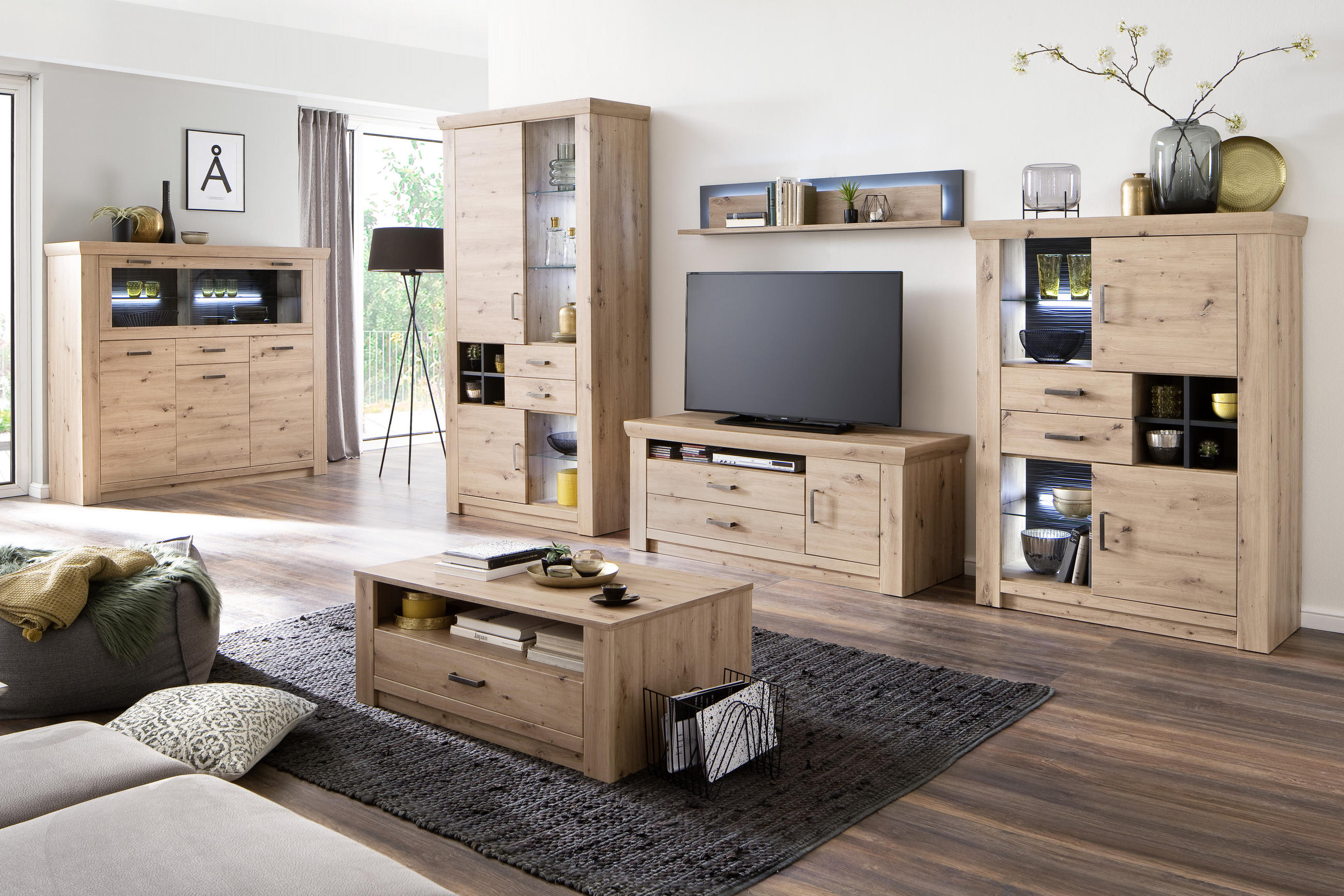 WOHNWAND  in Anthrazit, Eichefarben 371/211/55 cm  - Eichefarben/Anthrazit, Design, Glas/Holzwerkstoff (371/211/55cm) - Livetastic