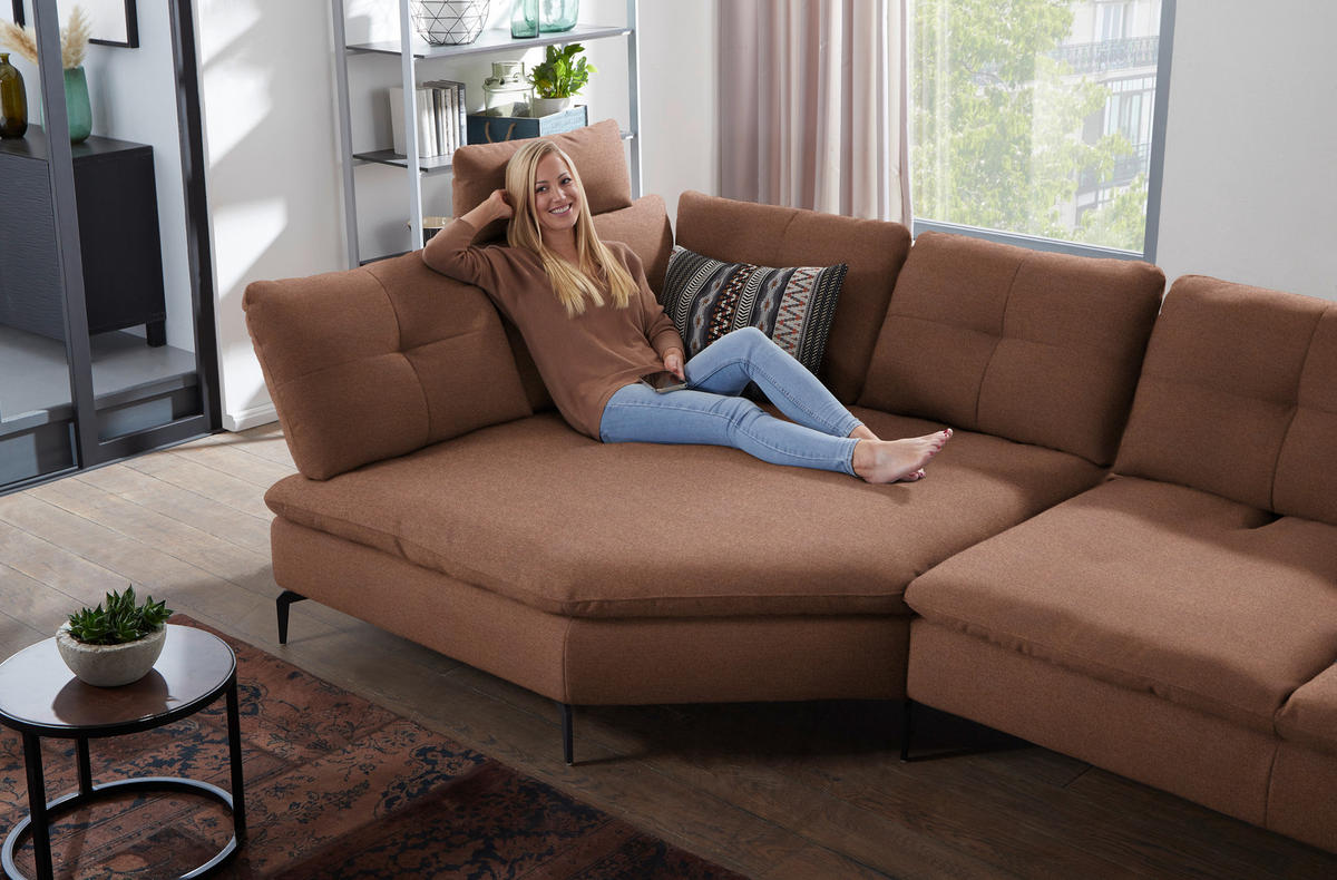 ECKSOFA in Flachgewebe Braun  - Schwarz/Braun, Design, Textil/Metall (157/344cm) - Chilliano