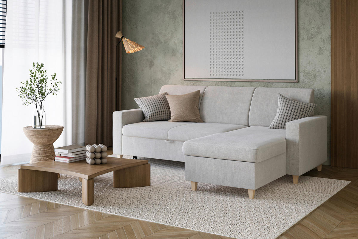 ECKSOFA NIKAS in Flachgewebe Creme  227/156 cm  - Buchefarben/Creme, Design, Holz/Textil (227/156cm) - MID.YOU