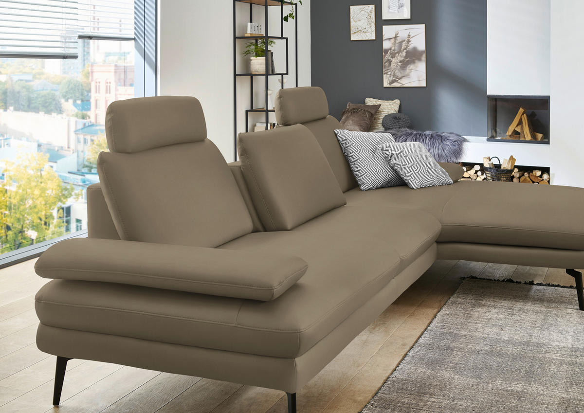 ECKSOFA in Echtleder Beige  310/180 cm  - Beige/Schwarz, Design, Leder/Metall (310/180cm) - Dieter Knoll