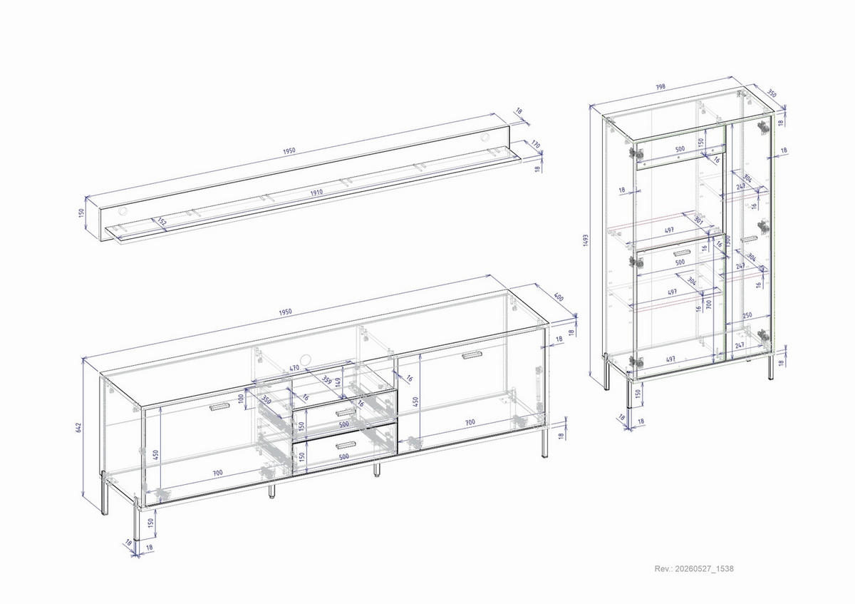 WOHNWAND 3-teilig  in Eichefarben, Kaschmir  285/170/40 cm    - Kaschmir/Eichefarben, Design, Holzwerkstoff/Metall (285/170/40cm) - MID.YOU