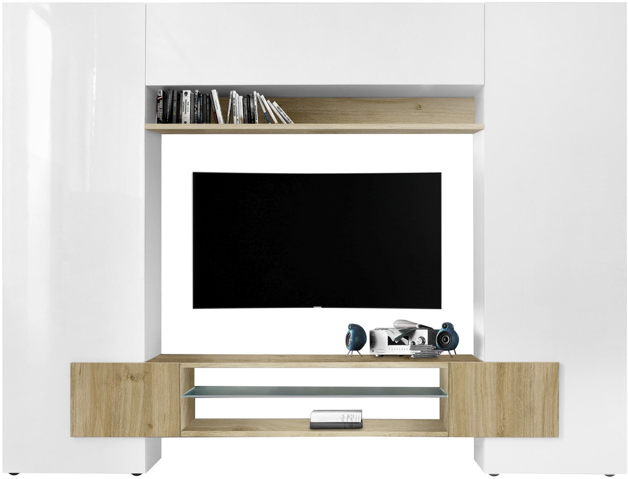 SET MOBILĂ LIVING, culoare lemn stejar, alb lucios intens, 258/191/37 cm