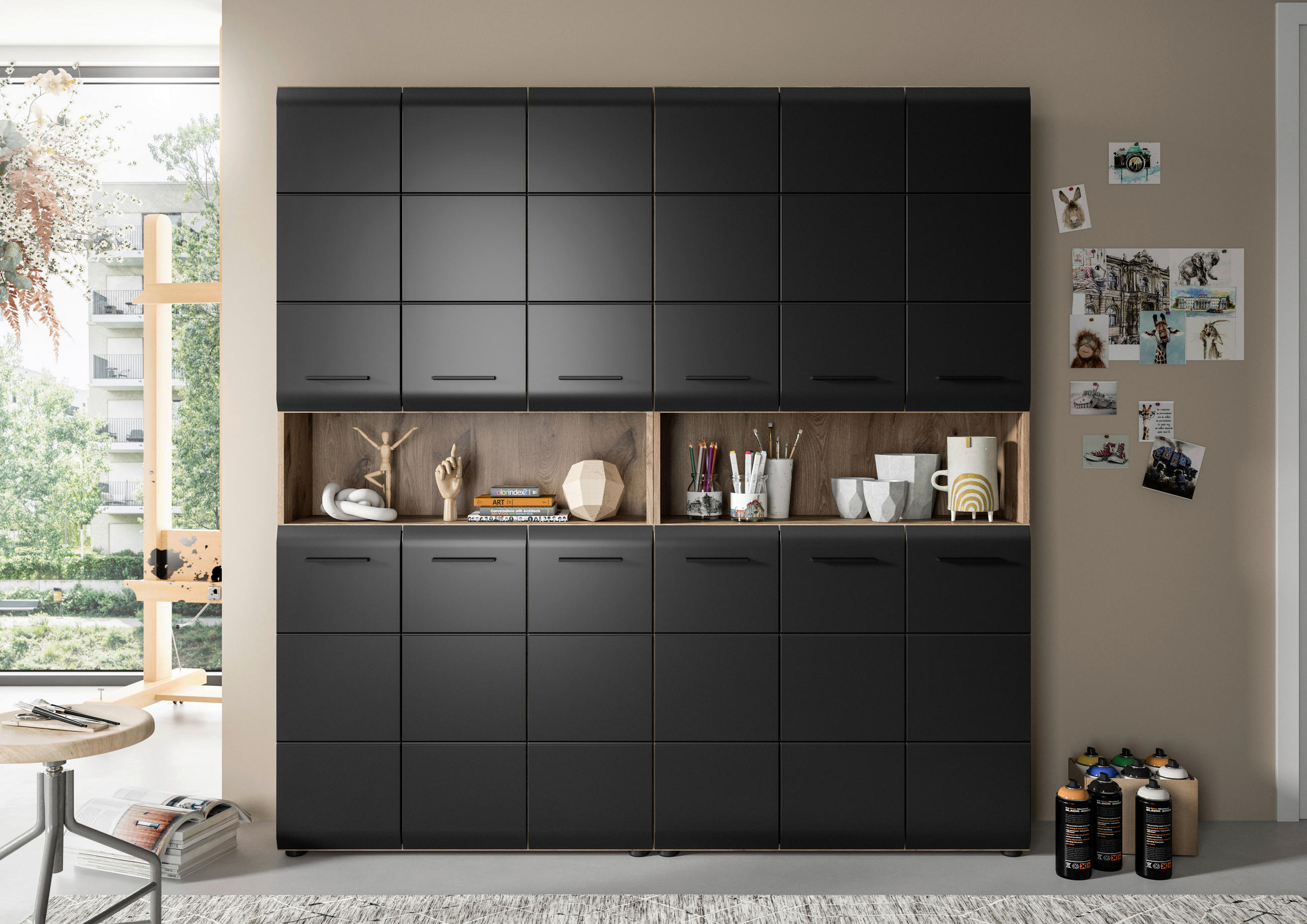 HÖGSKÅP svart, mörk ek 185/180/30 cm