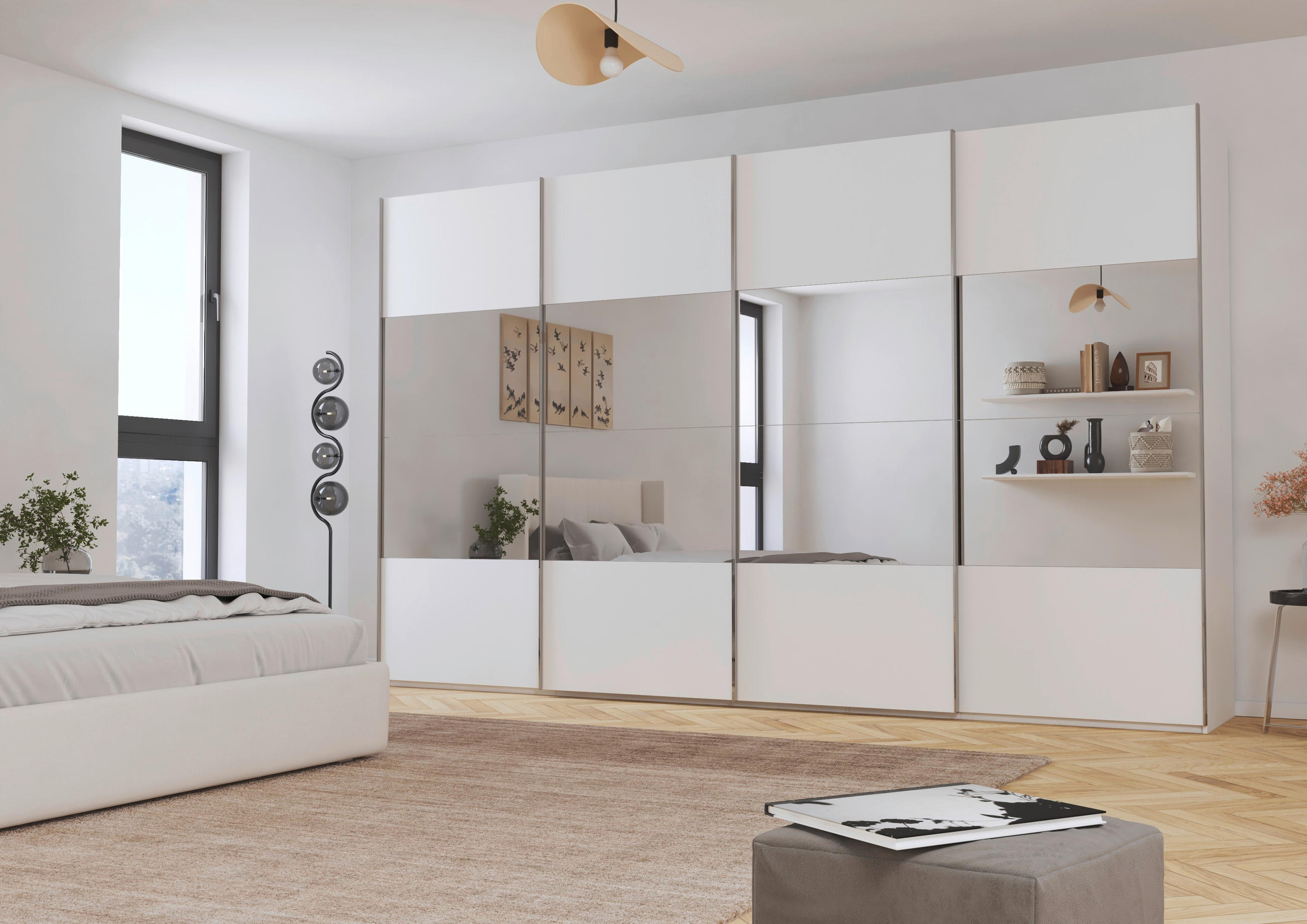 SCHWEBETÜRENSCHRANK 361/223/68 cm 4-türig Weiß  - Chromfarben/Weiß, Design, Glas/Holzwerkstoff (361/223/68cm) - Novel