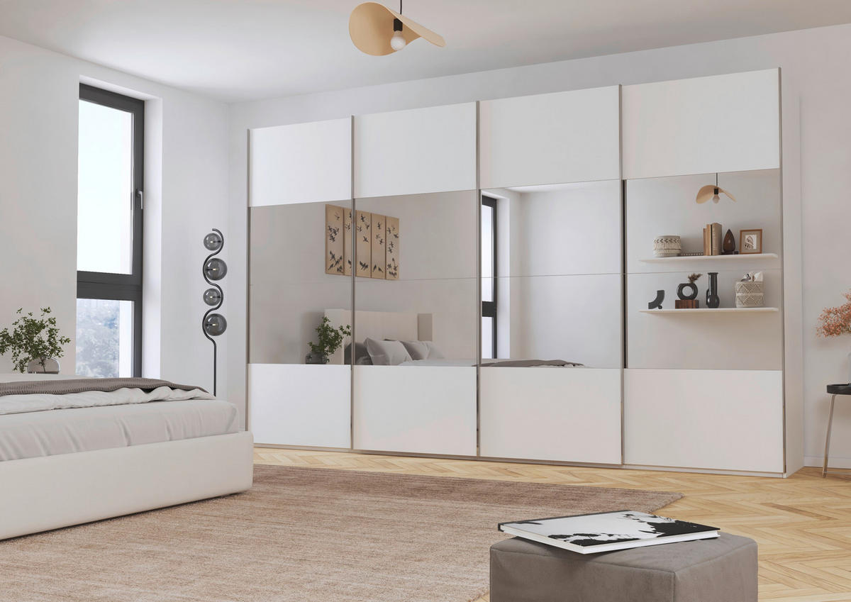 SCHWEBETÜRENSCHRANK 361/223/68 cm 4-türig Weiß  - Chromfarben/Weiß, Design, Glas/Holzwerkstoff (361/223/68cm) - Novel