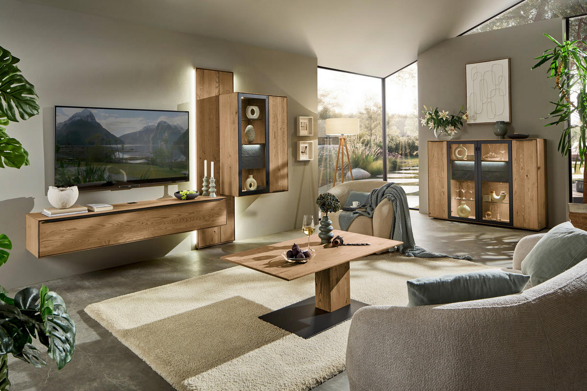 WOHNWAND 3-teilig  Anthrazit, Kastanienfarben 273,8/205,5/39,5 cm  - Kastanienfarben/Anthrazit, Natur, Glas/Holz (273,8/205,5/39,5cm) - Valnatura