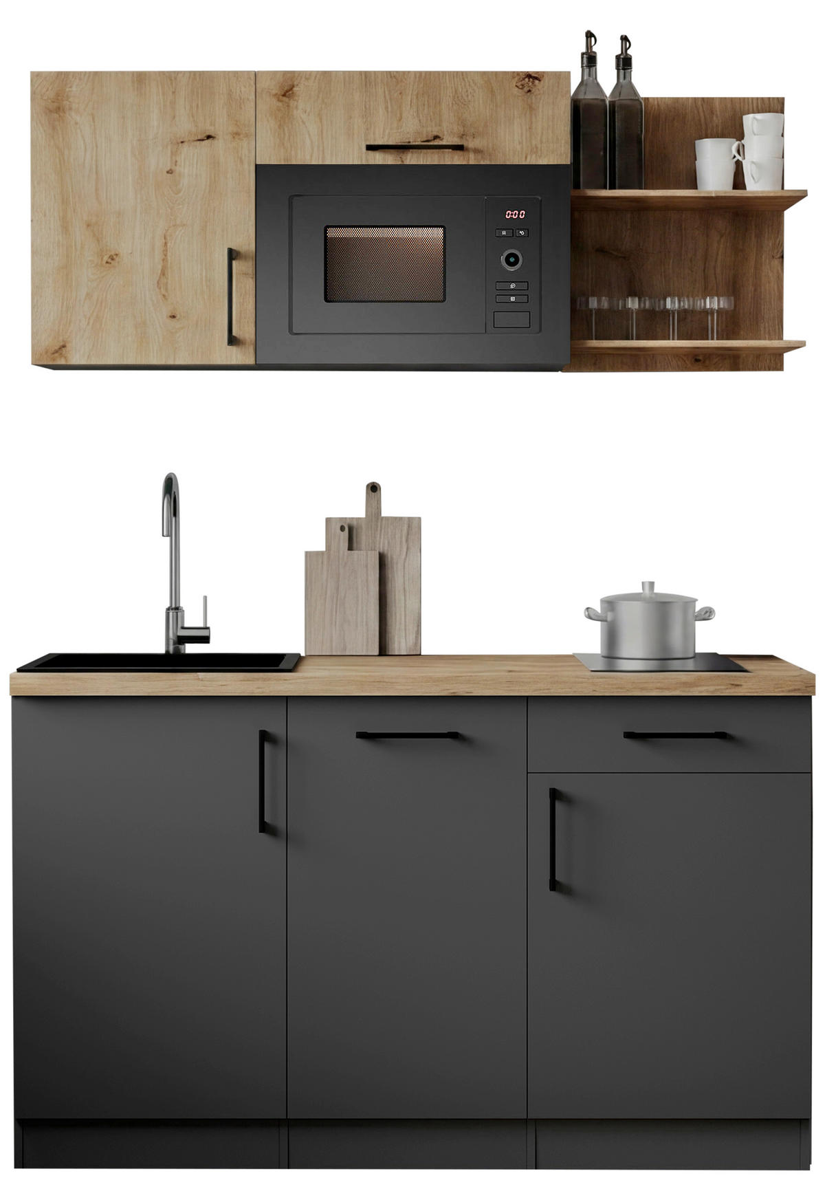 MINIKÖK 145 cm   i grå, ek Artisan  - ek Artisan/grå, Trend, metall/trämaterial (145cm) - Respekta