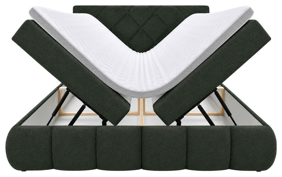 BOXBETT 180/200 cm,  in Grün, gepolstertes Kopfteil, Bettkasten, Topper, Matratzen, H3 + H3 = fest  - Schwarz/Grün, Design, Kunststoff/Textil (180/200cm) - Chameo