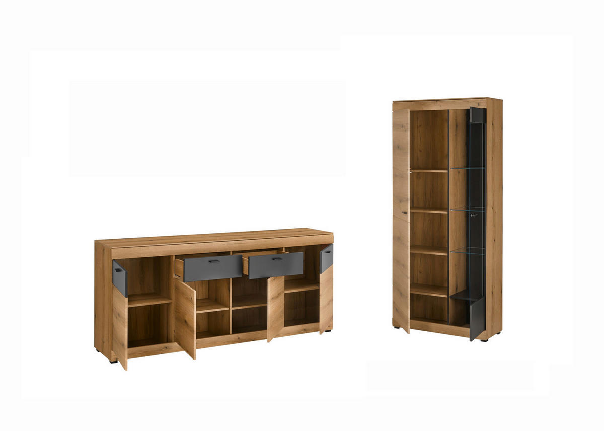 WOHNWAND 2-teilig  in Graphitfarben, Eichefarben   - Eichefarben/Schwarz, Design, Glas/Holzwerkstoff - MID.YOU
