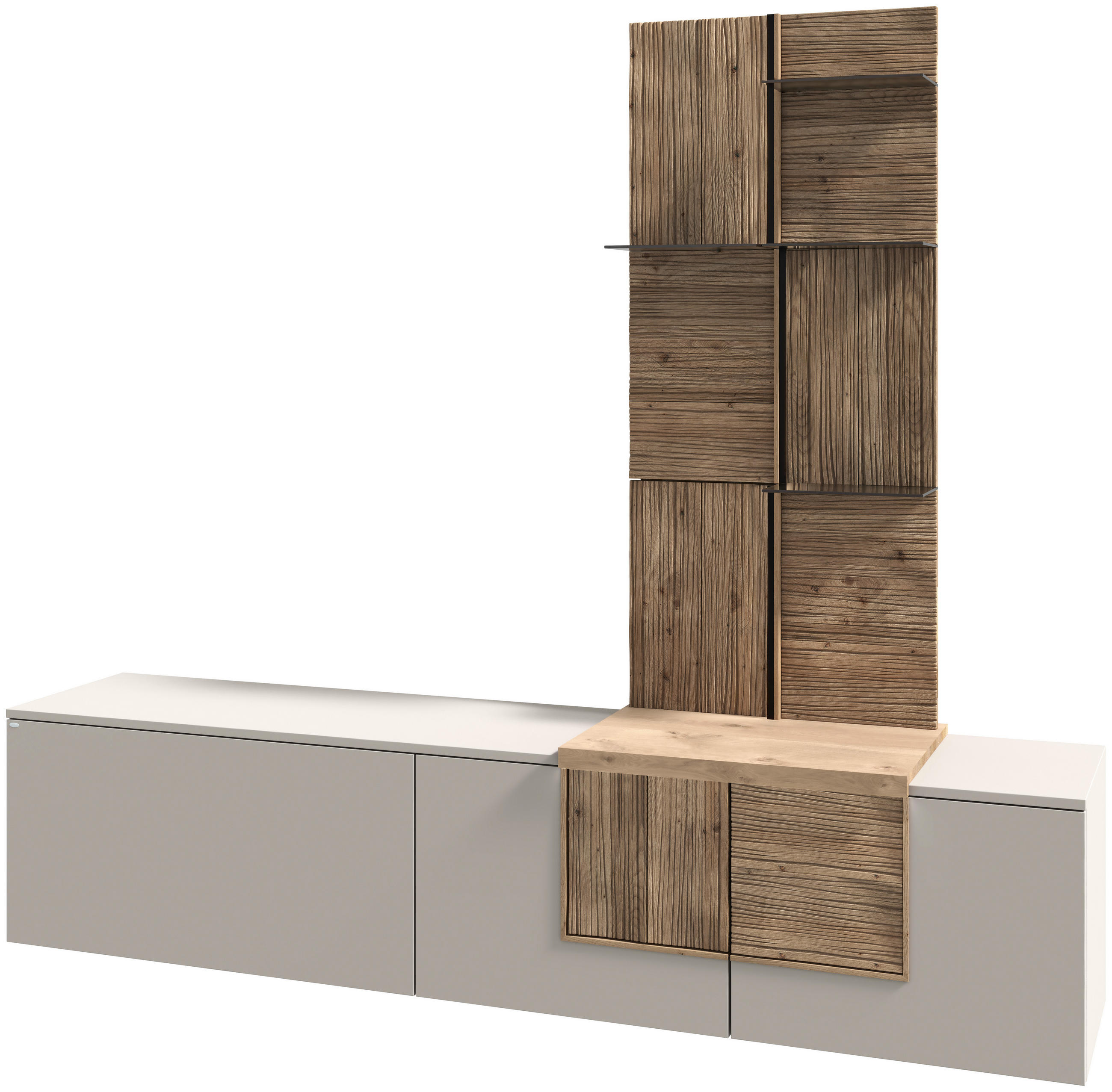 WOHNWAND  in Taupe, Wildeiche  224/198/45 cm  - Taupe/Wildeiche, Design, Glas/Holz (224/198/45cm) - Voglauer
