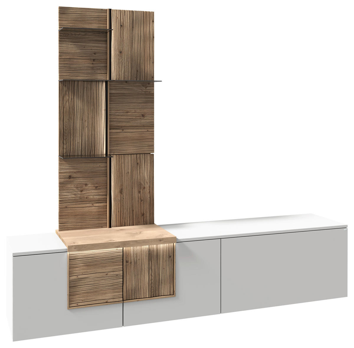 WOHNWAND VLACERA LIVING  in Weiß, Wildeiche  224/198/45 cm  - Wildeiche/Weiß, Design, Glas/Holz (224/198/45cm) - Voglauer