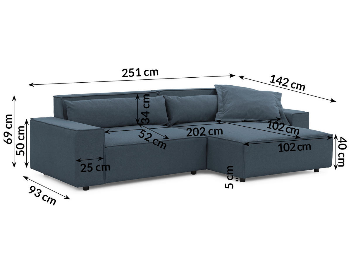 ECKSOFA Curduroy in Webstoff Blau Rückenkissen  251/142 cm  - Blau/Schwarz, Design, Kunststoff/Textil (251/142cm) - P & B