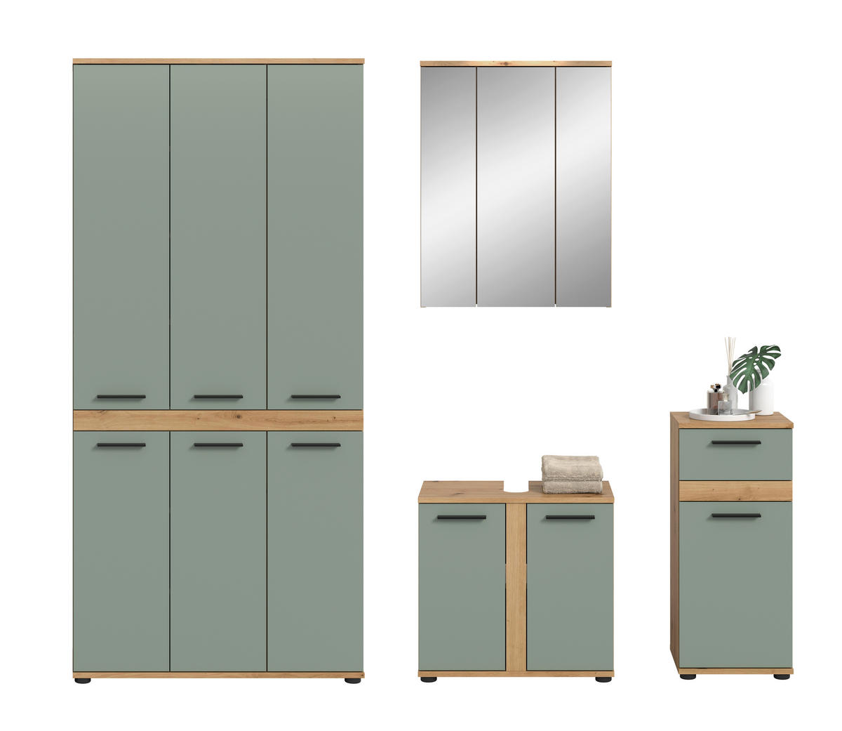 BADEZIMMER 4-teilig  in 215 cm  - Salbeigrün/Schwarz, Trend, Glas/Holzwerkstoff (215cm) - MID.YOU