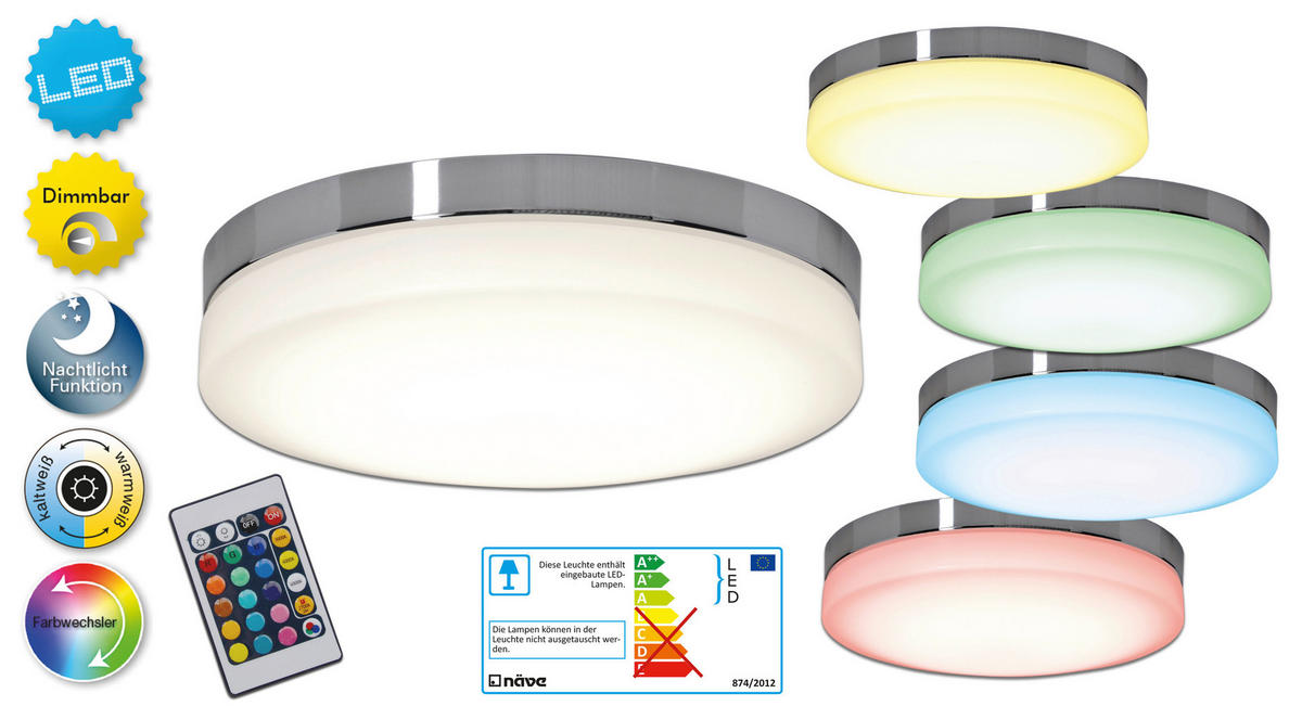 LED-DECKENLEUCHTE 29 cm  - Chromfarben/Weiß, Design, Kunststoff/Metall (29cm) - Näve