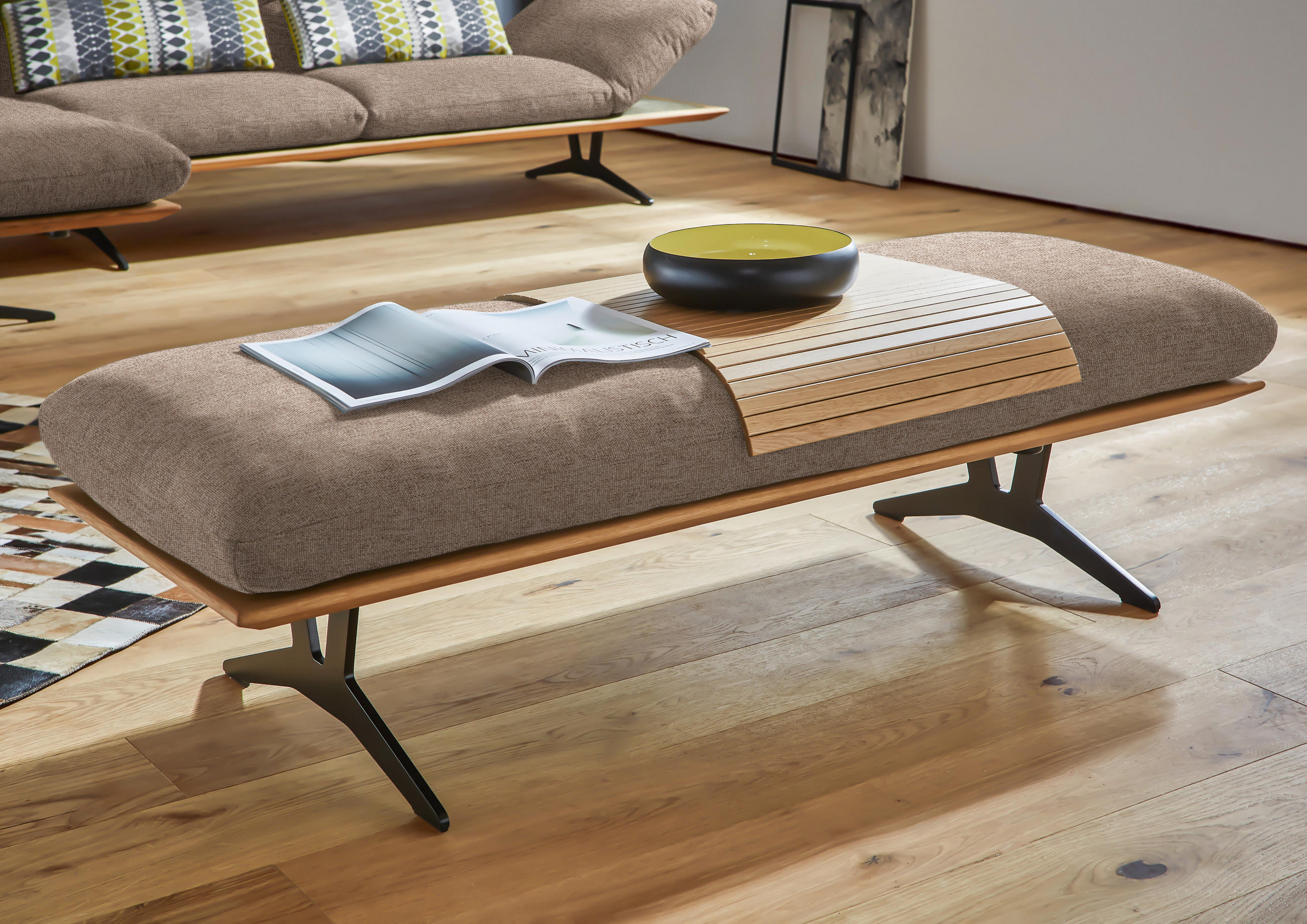 HOCKERBANK in Holz, Textil Hellbraun  - Hellbraun/Schwarz, Design, Holz/Textil (150/43/60cm) - Dieter Knoll
