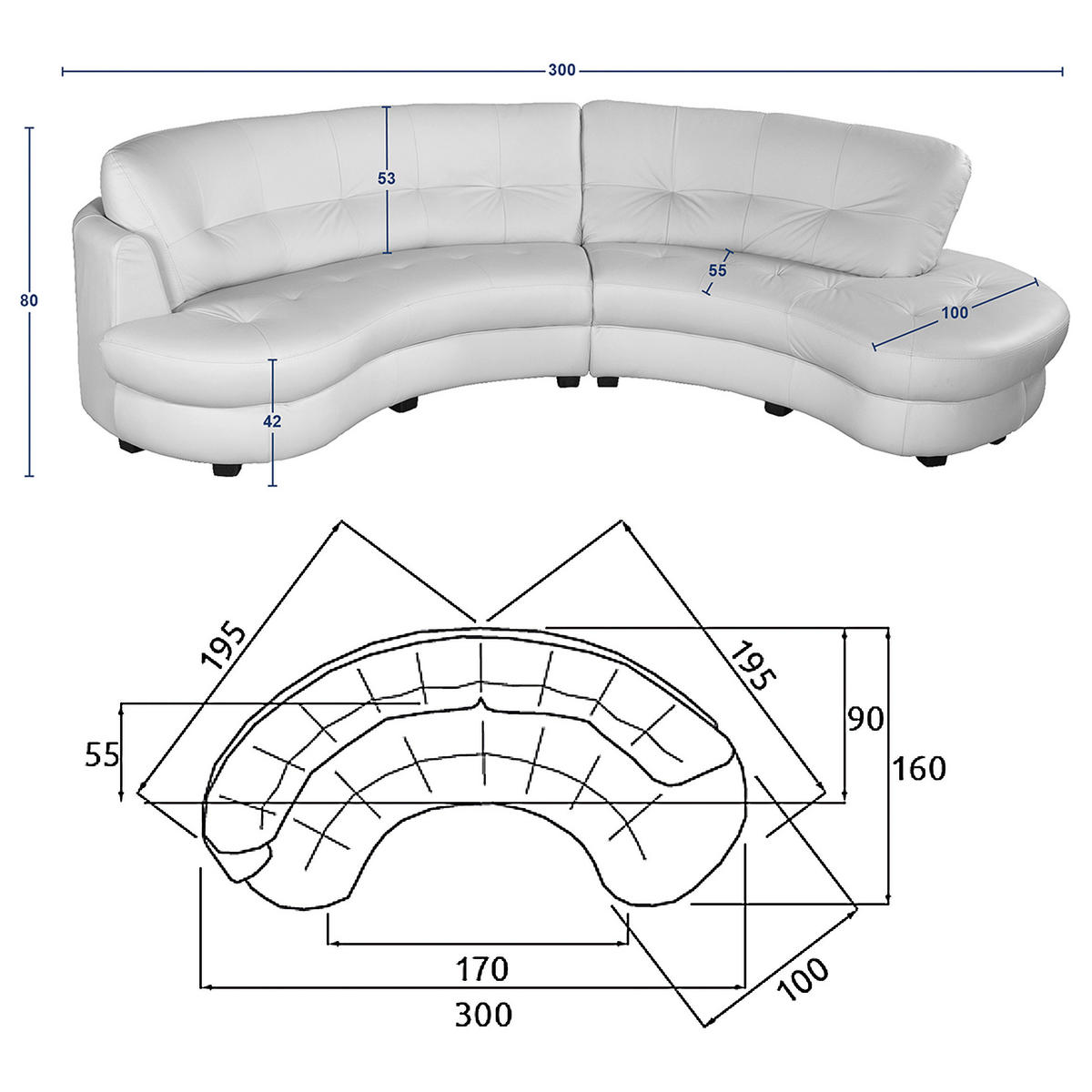 ECKSOFA Ottomane rechts, Rundform  BRETANIA Dunkelblau Samt  - Schwarz/Dunkelblau, Design, Kunststoff/Textil (300/113cm) - Livetastic