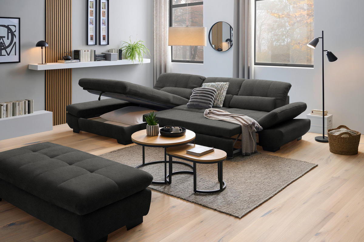 ECKSOFA Flachgewebe Dunkelgrau  - Dunkelgrau/Schwarz, Design, Textil/Metall (204/341cm) - Xora