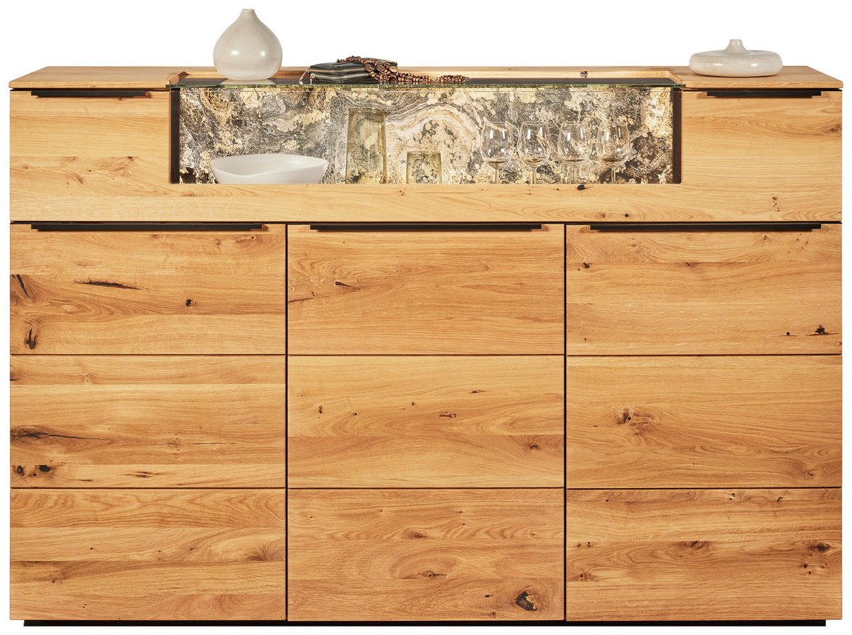 HIGHBOARD Eichefarben  180/119,3/39,5 cm  - Eichefarben/Schwarz, Natur, Glas/Holz (180/119,3/39,5cm) - Valnatura