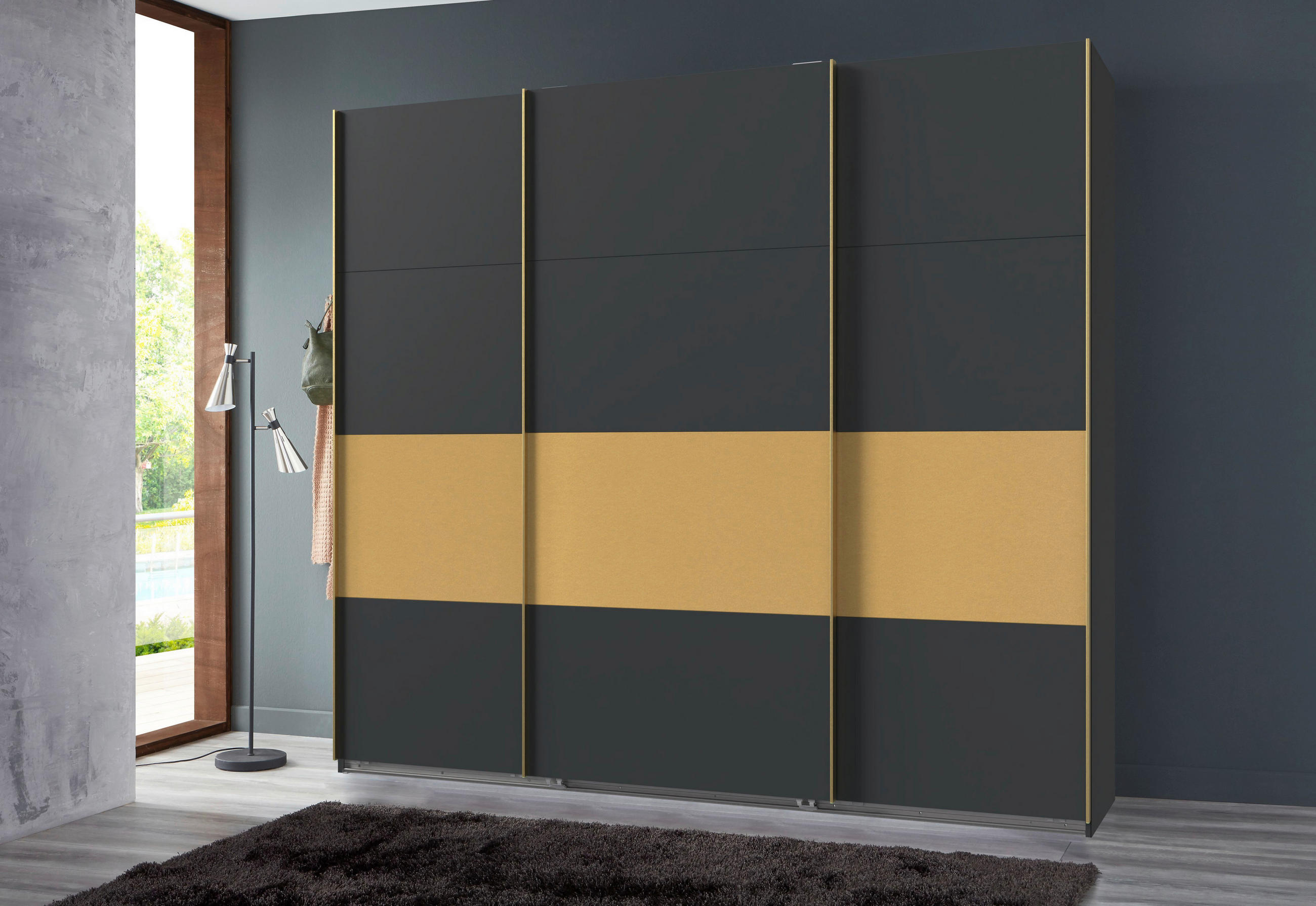 SCHWEBETÜRENSCHRANK 225/208/65 cm 2-türig Graphitfarben, Goldfarben  - Goldfarben/Graphitfarben, LIFESTYLE, Holzwerkstoff/Metall (225/208/65cm) - Boxxx
