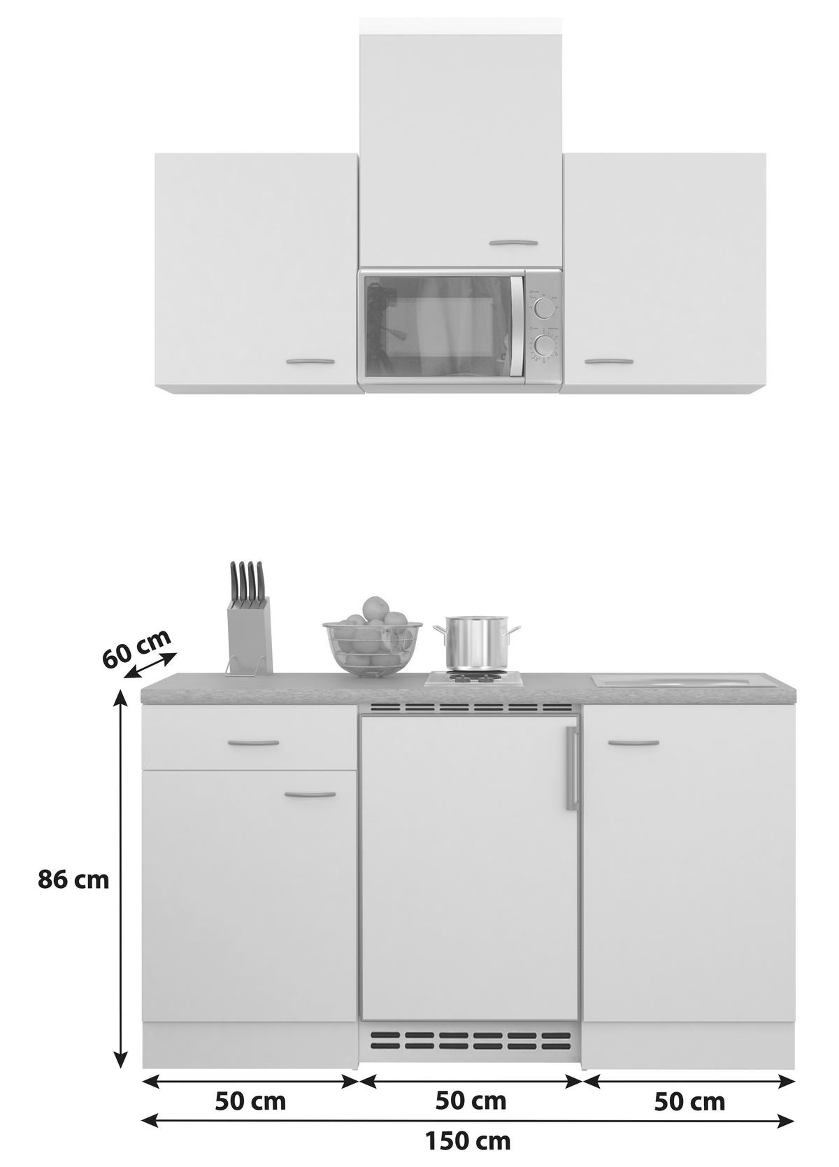 MINIKÜCHE 150 cm   in Weiß  - Edelstahlfarben/Hellgrau, MODERN, Holzwerkstoff/Kunststoff (150cm) - FlexWell