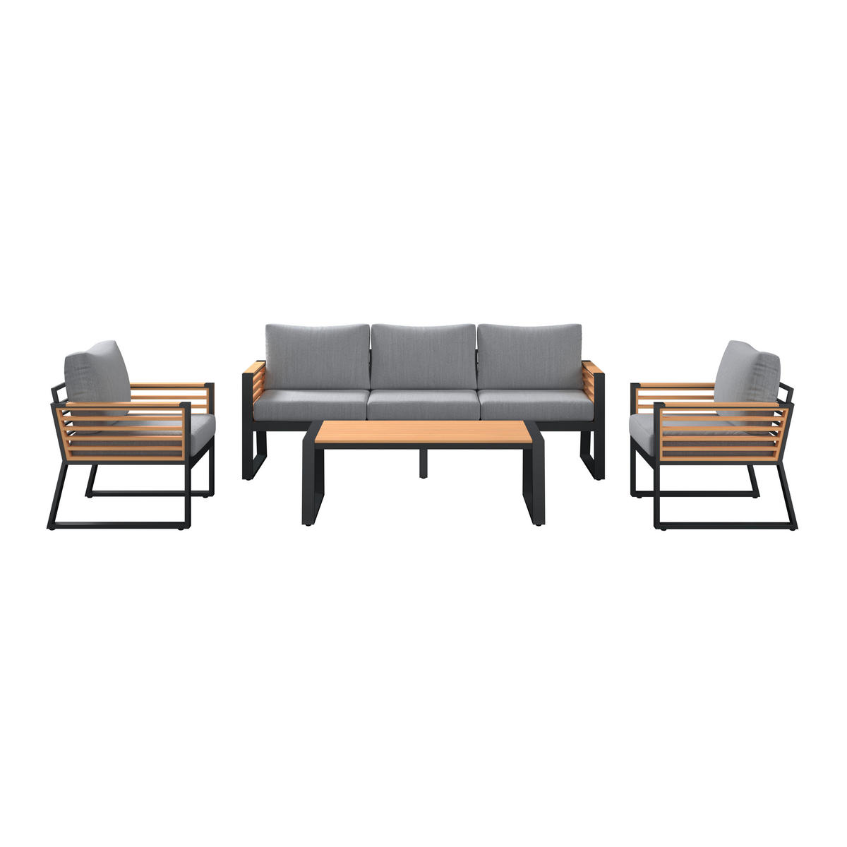 LOUNGEGARNITUR 4-teilig   207/76/85 cm Teakholz Aluminium  - Schwarz/Teakfarben, MODERN, Holz/Textil (207/76/85cm) - Ambia Garden