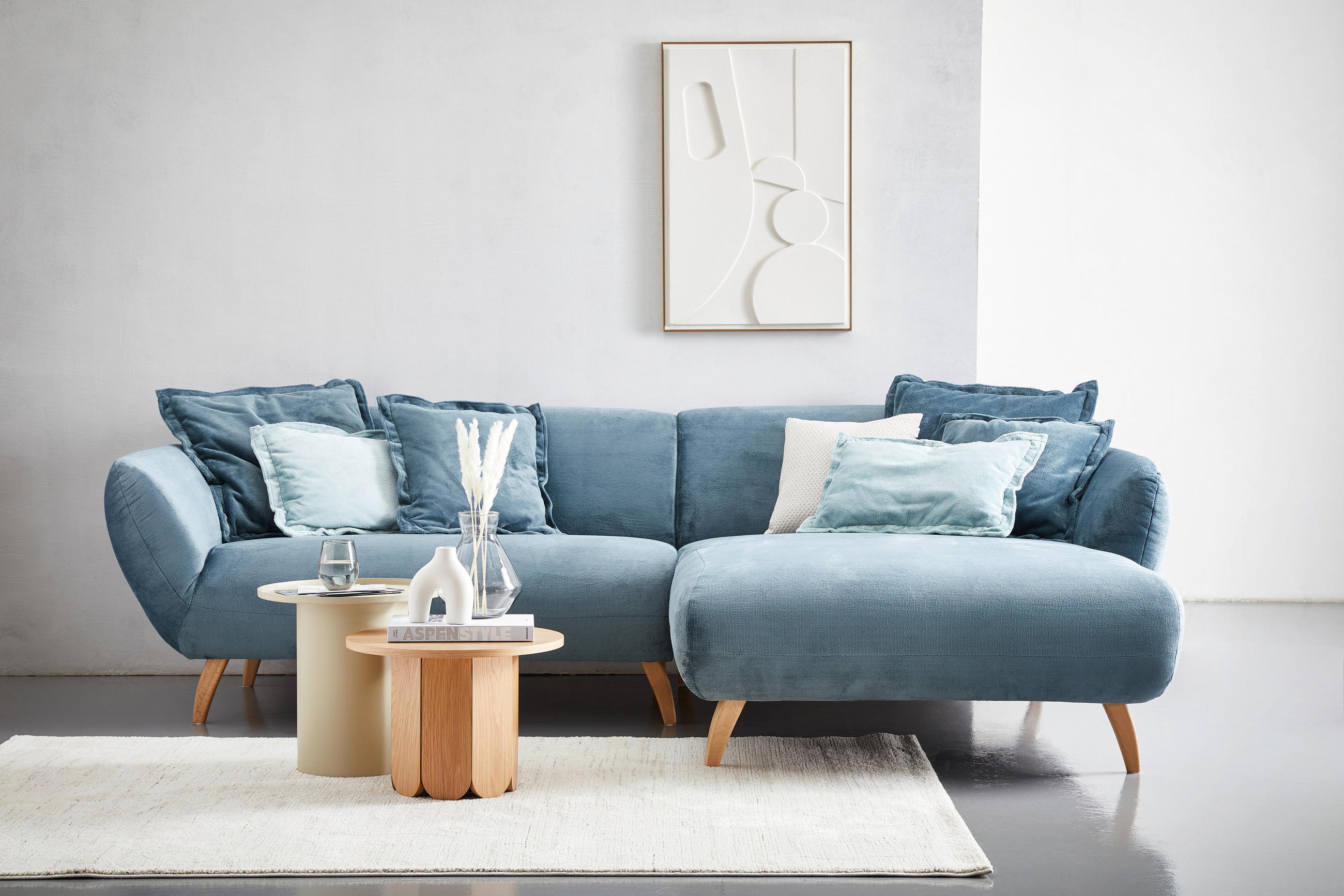 ECKSOFA in Plüsch Petrol  280/175 cm  - Buchefarben/Petrol, Design, Holz/Textil (280/175cm) - Carryhome