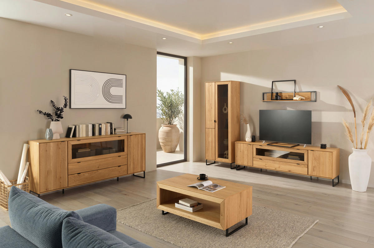 VITRINE  in furniert, massiv Eiche Eichefarben  - Eichefarben/Schwarz, Natur, Glas/Holz (77/208,8/40cm) - Carryhome