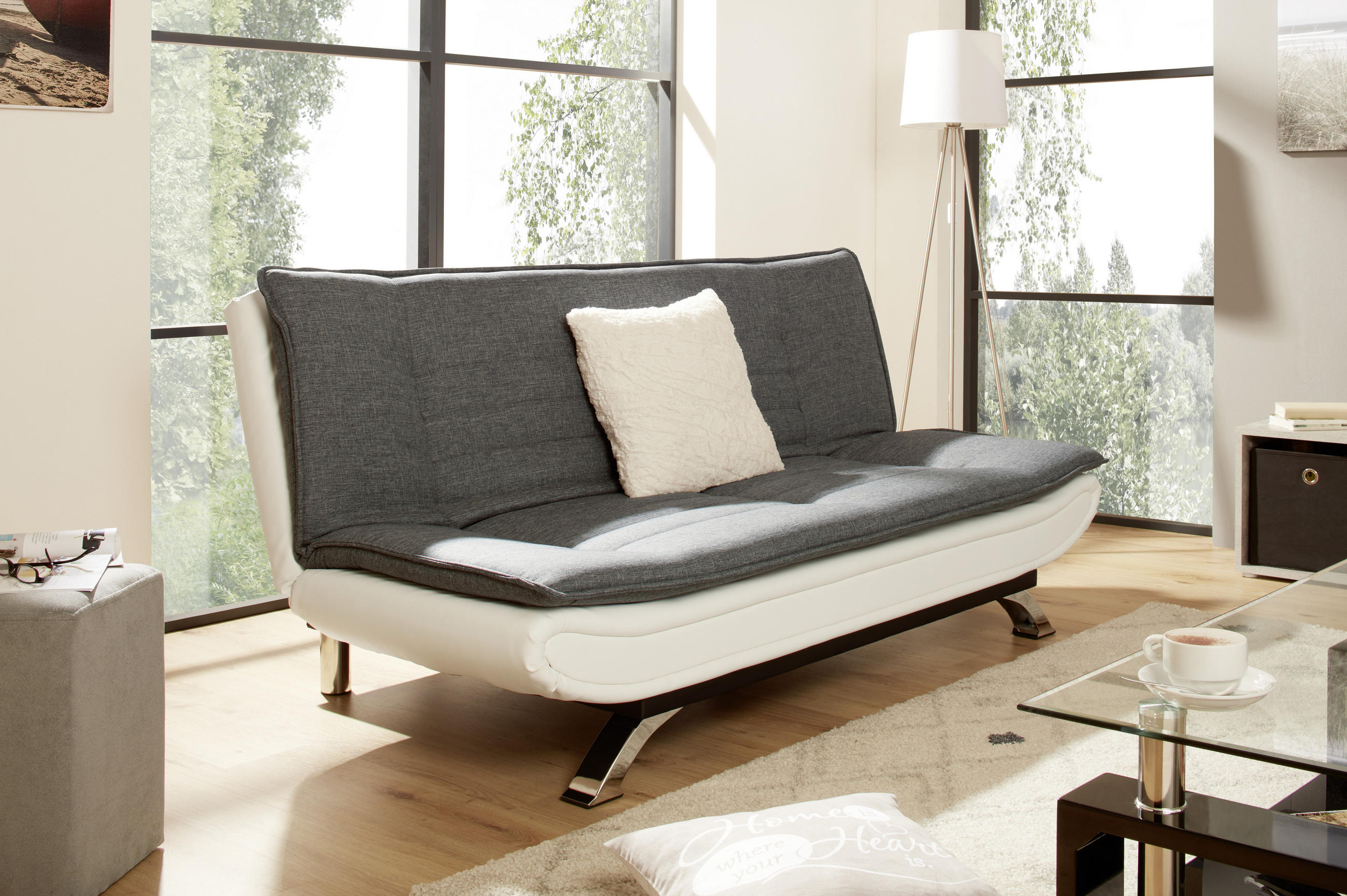 SCHLAFSOFA in Lederlook, Webstoff Weiß, Edelstahlfarben, Dunkelgrau  - Edelstahlfarben/Dunkelgrau, Basics, Textil/Metall (190/90/102cm) - MID.YOU