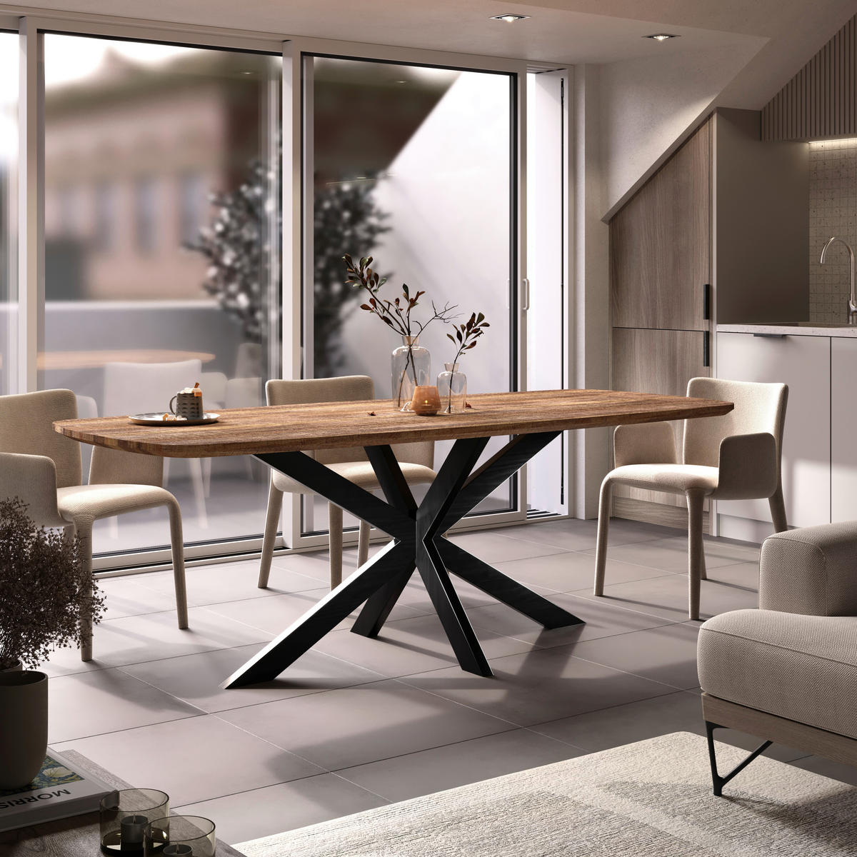 JEDILNA MIZA, masivno mangov les rjava, bežrjava  - bežrjava/črna, Konvencionalno, kovina/les (220/100/77cm) - MID.YOU