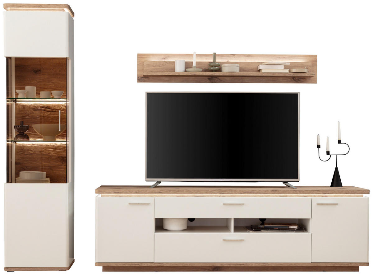 WOHNWAND  in Weiss, Eichefarben 270/208/50 cm  - Weiss/Eichefarben, Design, Glas/Holzwerkstoff (270/208/50cm) - Livetastic