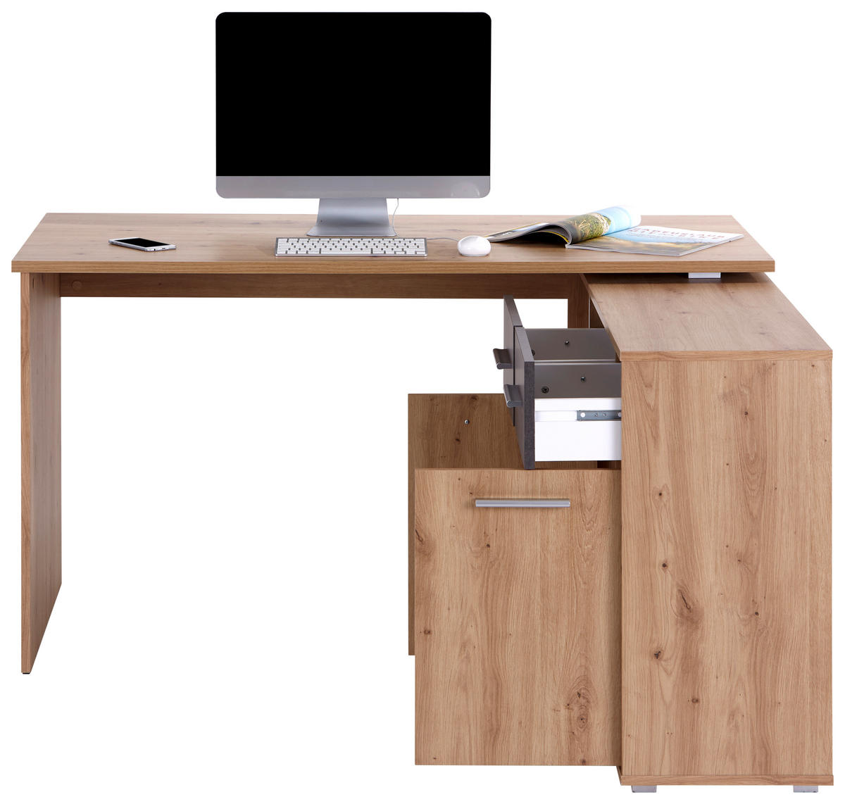 KOTNA PISALNA MIZA leseni material temno siva, hrast artisan  - srebrne barve/temno siva, Moderno, umetna masa/leseni material (138/76,1/135,4cm) - Carryhome