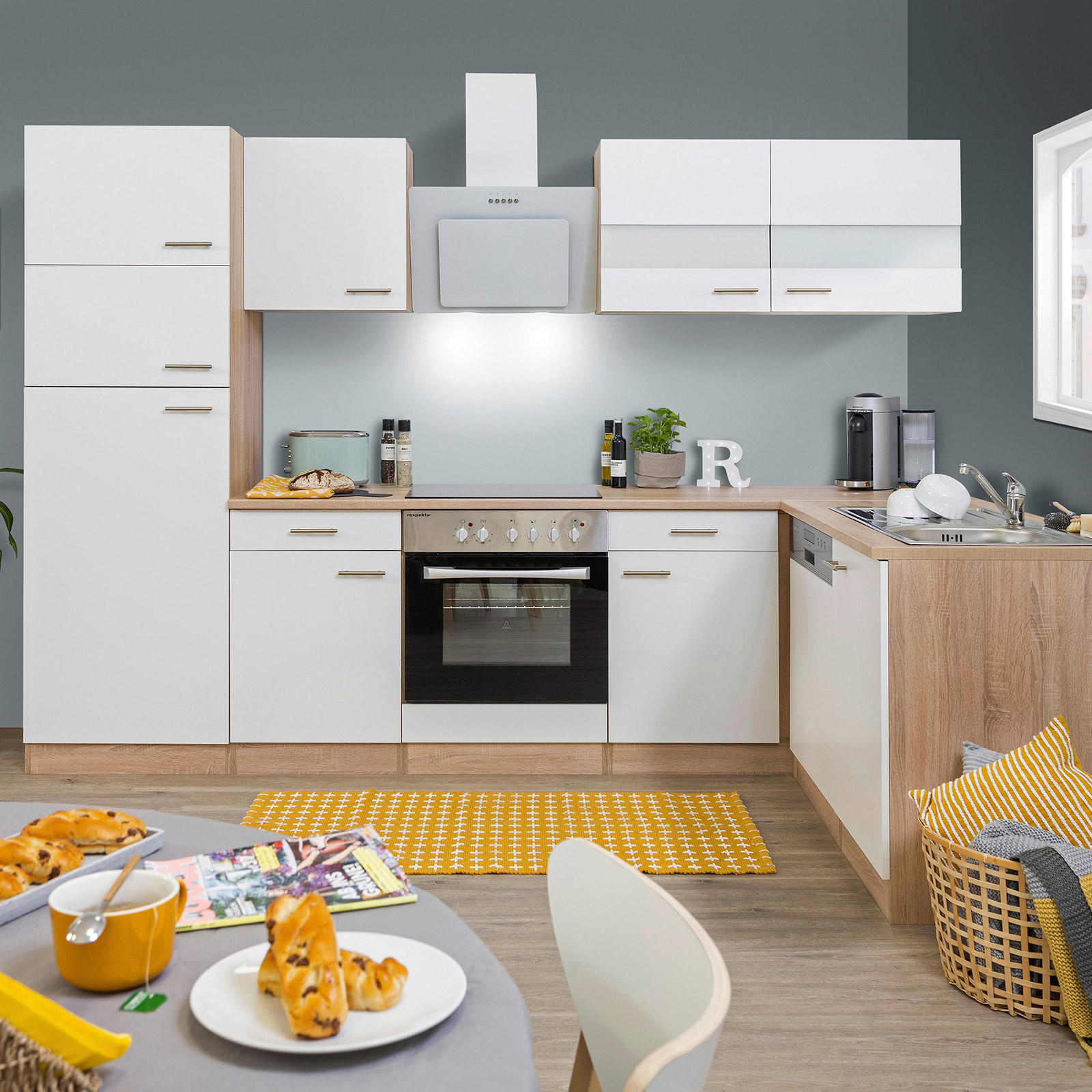 ECKKÜCHE 280/172 cm  in Weiß  - Edelstahlfarben/Eichefarben, Basics, Holzwerkstoff/Metall (280/172cm) - Respekta