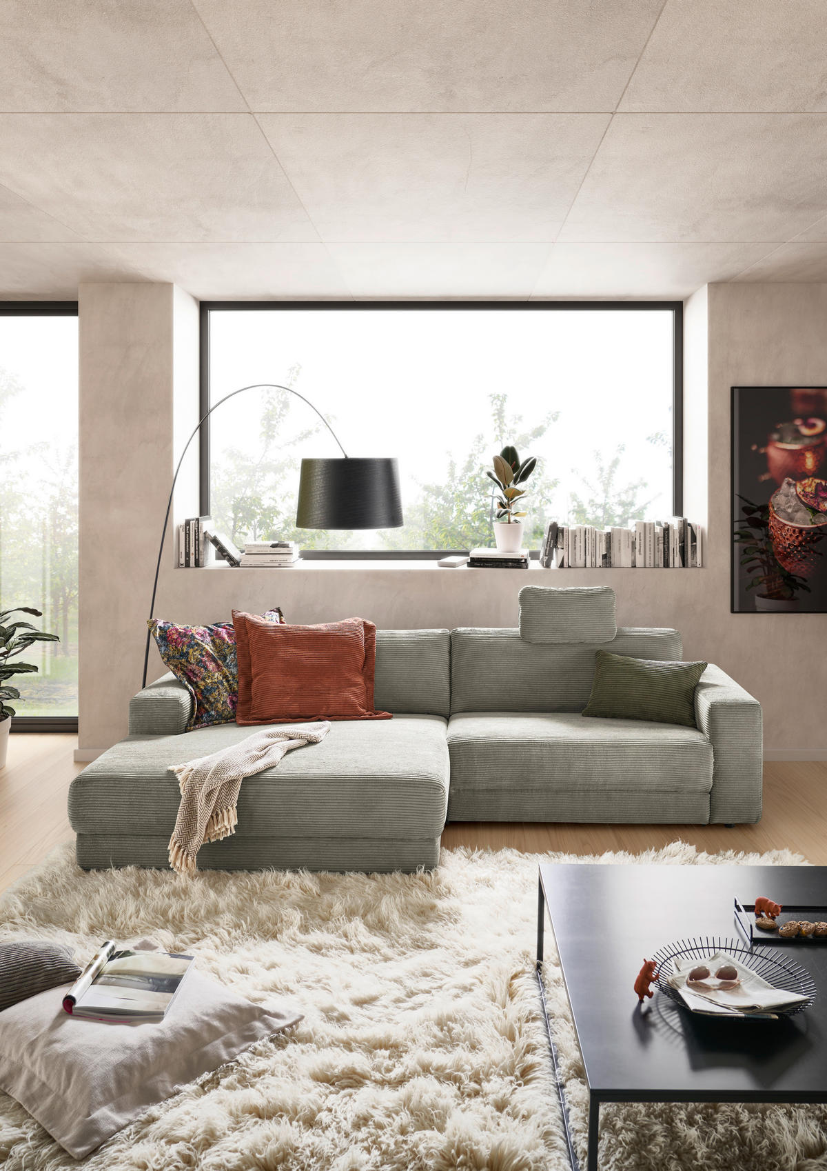 ECKSOFA inkl. Relaxfunktion in Cord Graubraun  - Graubraun/Schwarz, Design, Kunststoff/Textil (168/296cm) - Pure Home Lifestyle