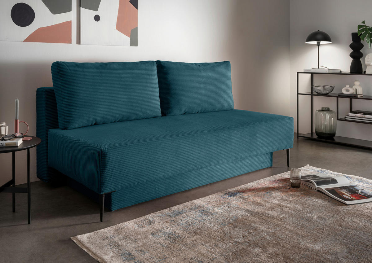 SCHLAFSOFA  mit Liegefunktion, Schlafen auf Sitzhöhe, Rücken echt Cord Petrol  - Petrol/Schwarz, MODERN, Textil/Metall (198/90/100cm) - Livetastic
