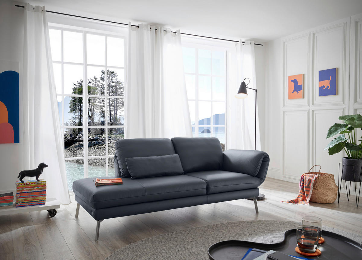 RÉCAMIERE Dunkelblau, Blaugrau Echtleder  - Chromfarben/Blaugrau, Design, Leder/Metall (209/85-109/95-16cm) - Dieter Knoll